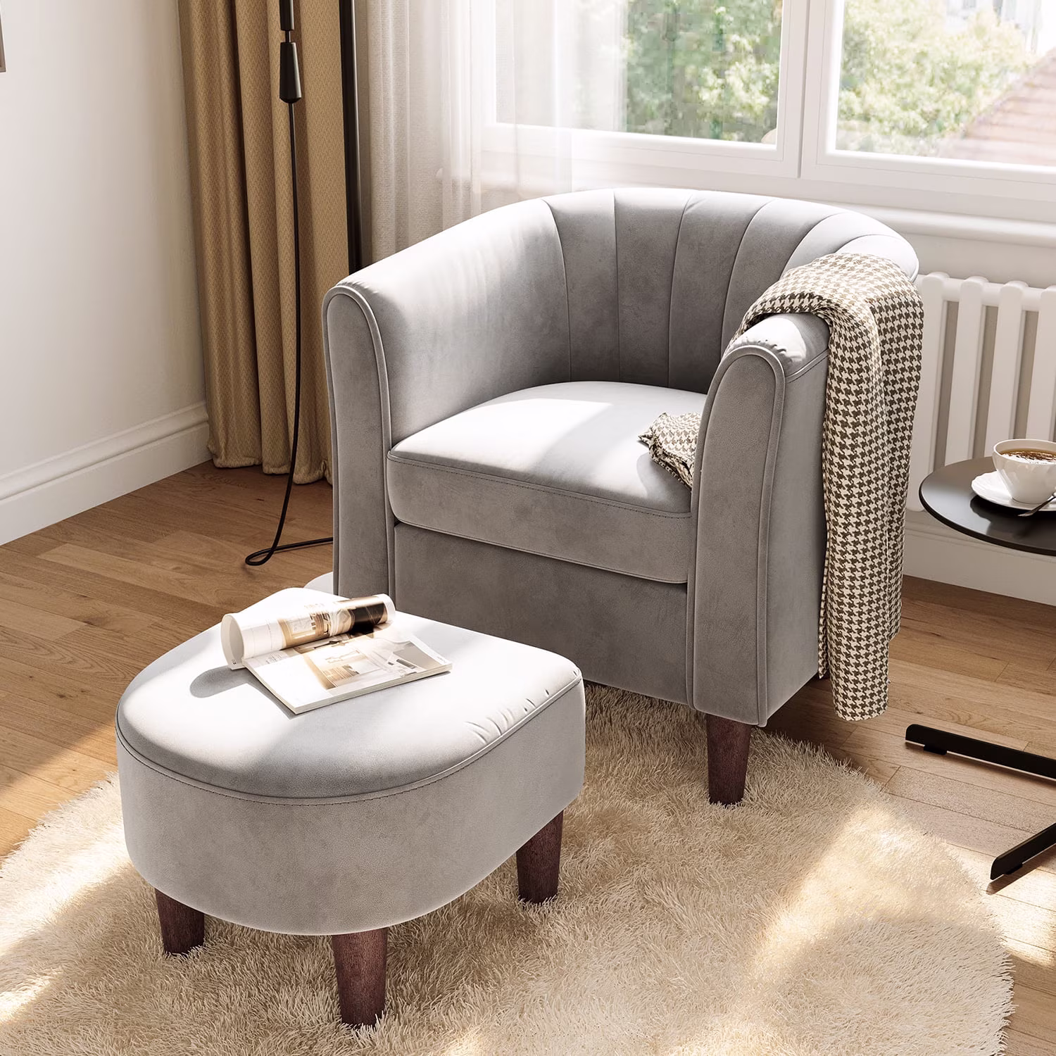 LINSY HOME Upsized Velvet Accent Chair with Ottoman for Living Room, Olive Green