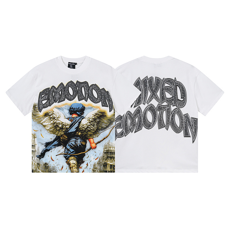 White vintage loose-fitting printed brick-dyed pure cotton short-sleeved shirt