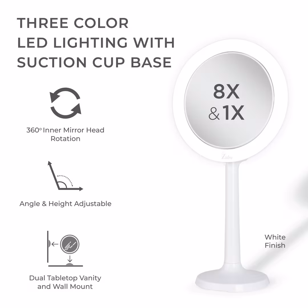 Zadro  Hudson, LED Lighted Makeup Mirror with 8X/1X, Suction Cup