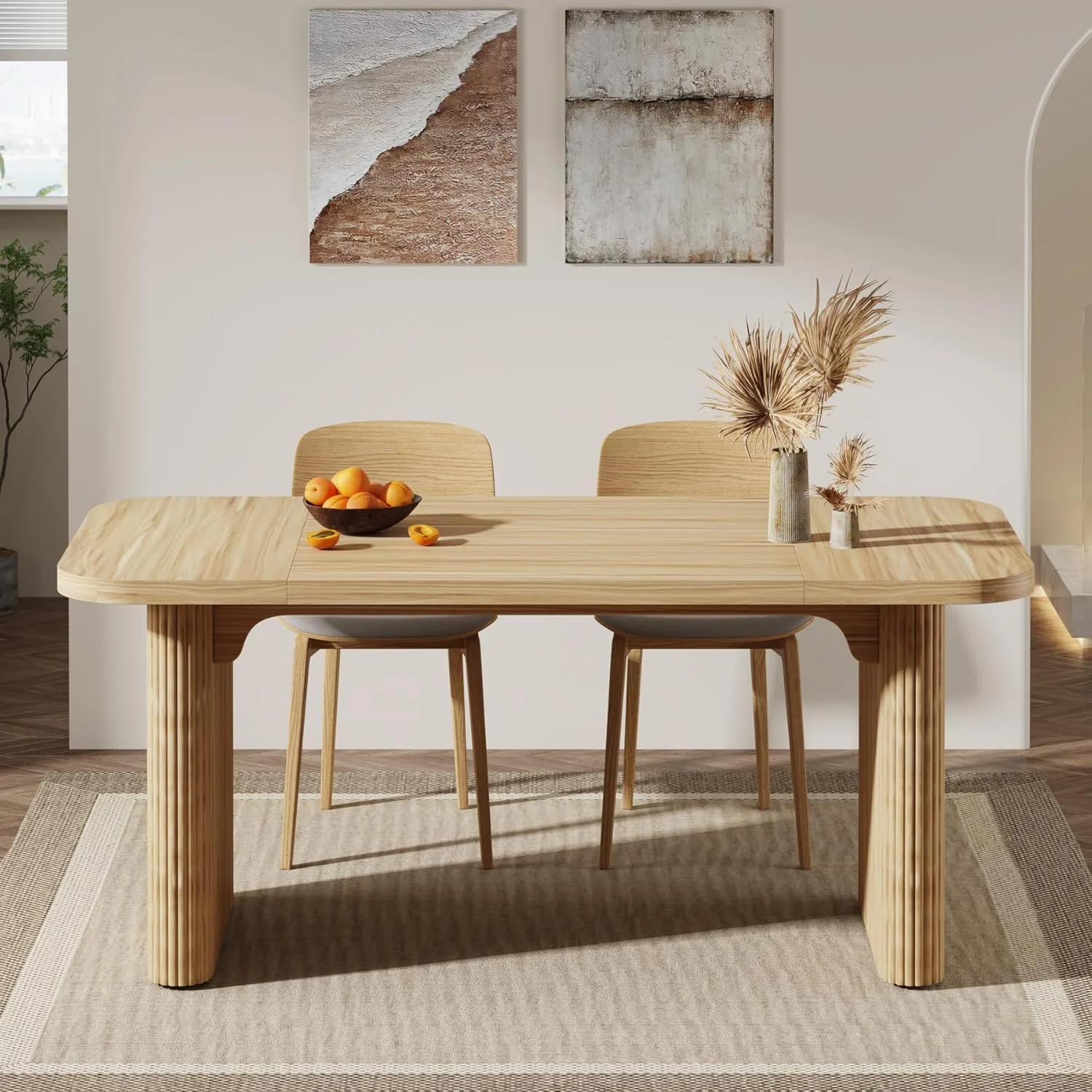 Tribesigns Farmhouse Dining Table for 4-6, Rectangular Wood Kitchen Table with Double Pedestal, 62-Inch Dinner Table for Dining Room, Living Room (Natural)