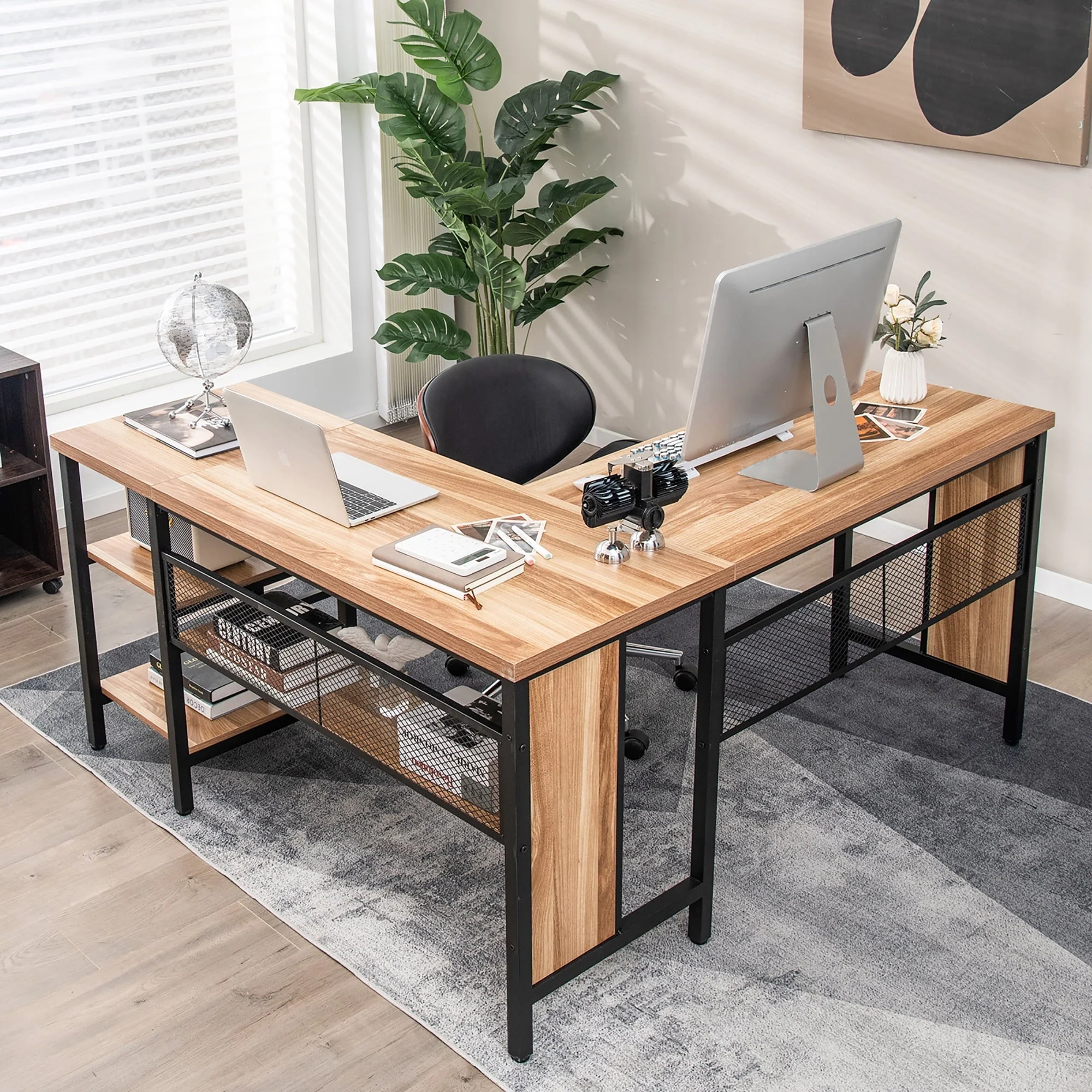 Costway L-Shaped Corner Computer Desk Home Office Workstation w/ Storage Shelves Oak