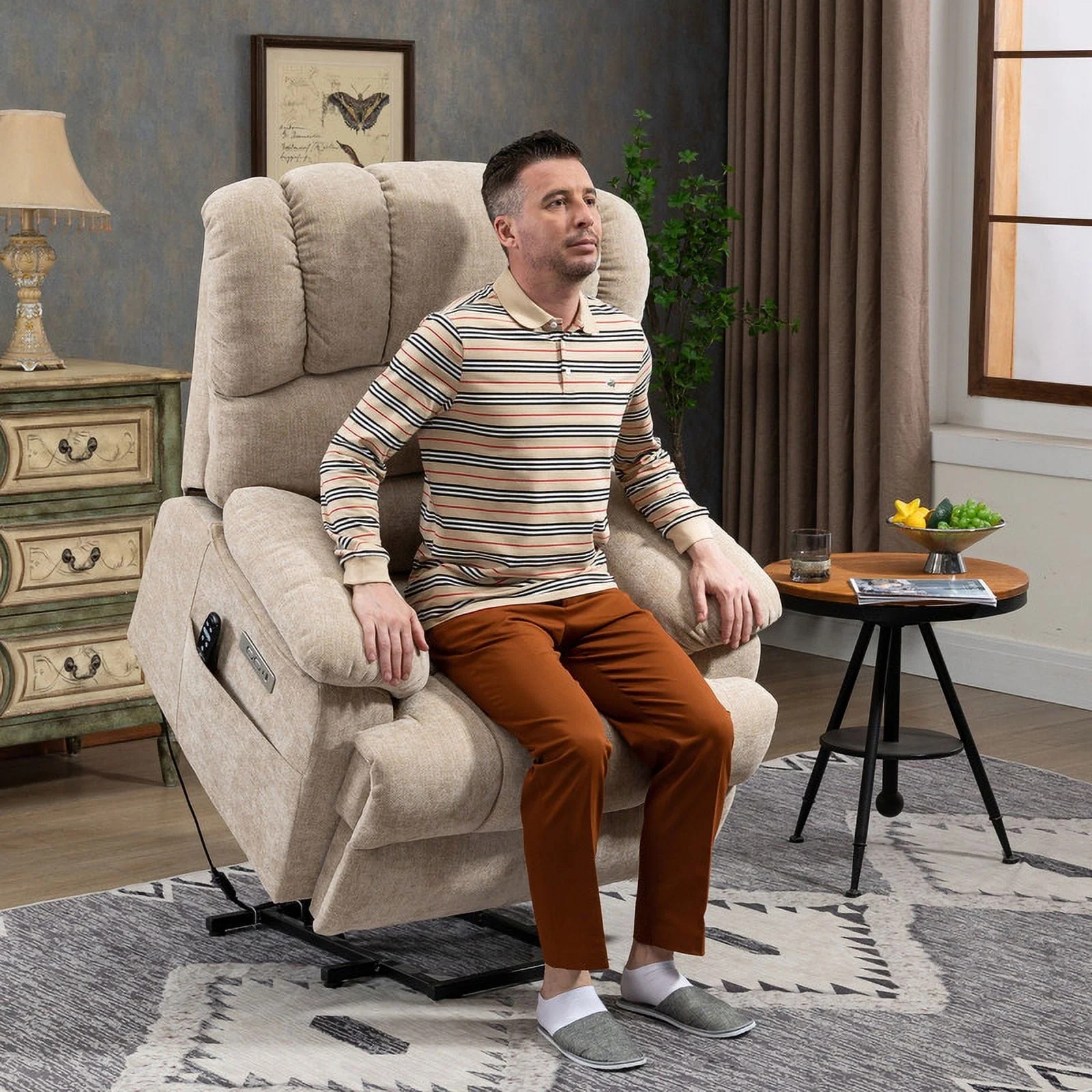 Oversized Power Lift Recliner Chairs for Adults,Beige Electric Recliners for Elderly with 8-Point Vibration Massage Lumbar Heating,2 Side Pocket,USB Port,24" Seat Width,25" Seat Depth,20" Seat Height