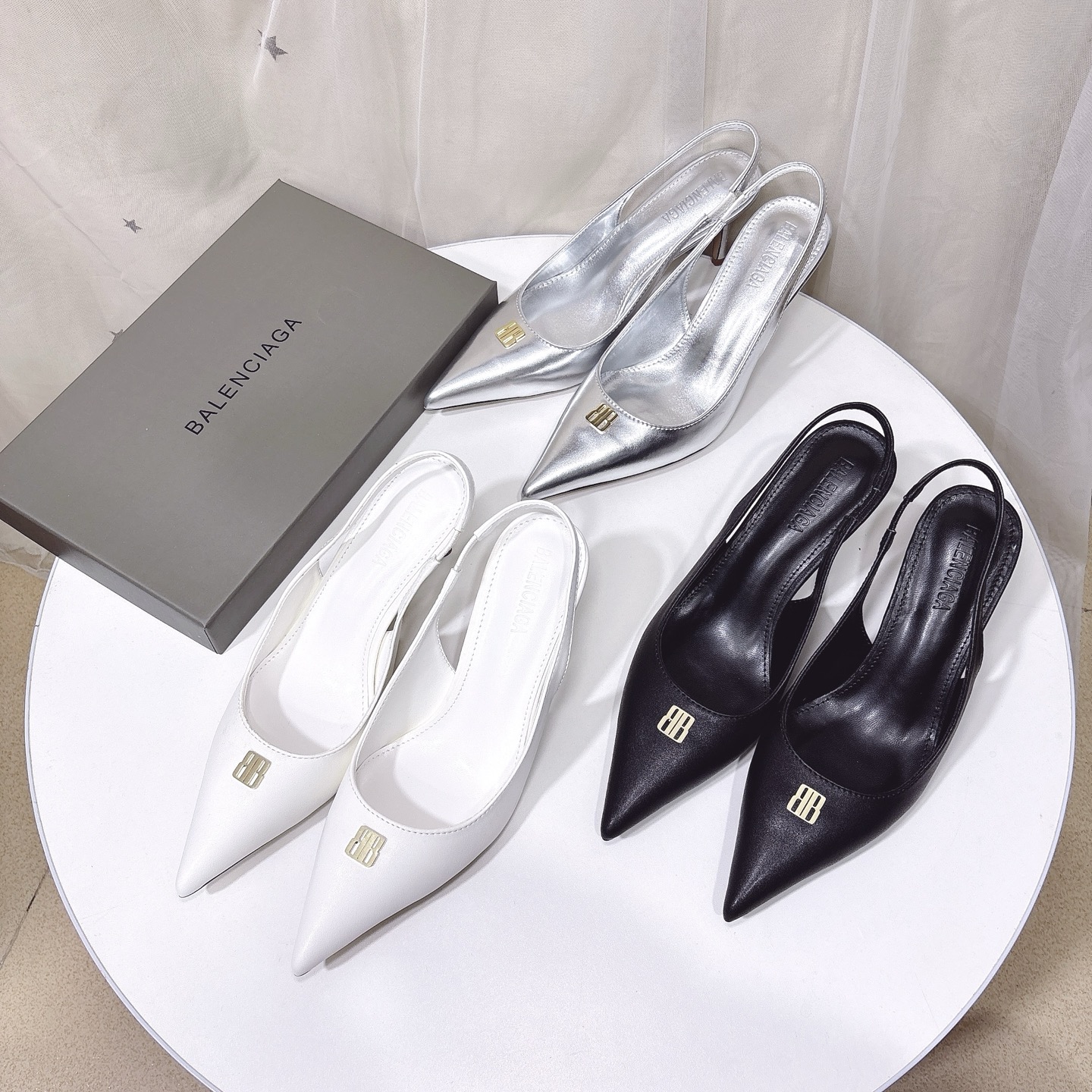 Balenciaga Pointed Toe Gold BB Hardware Smooth Leather Knife Slingbacks Strap Heels