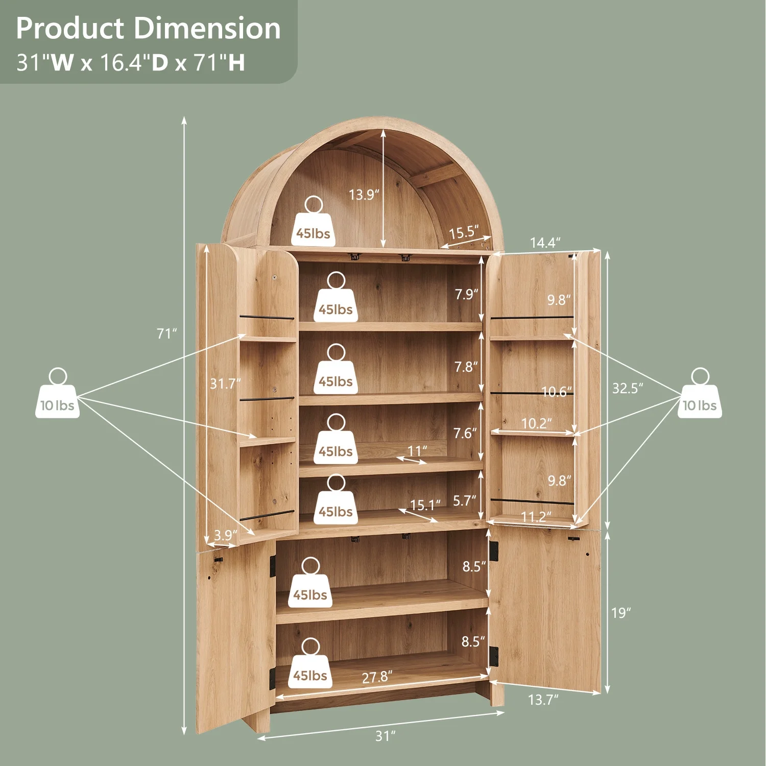 IFGET 71" Tall Arched Kitchen Pantry Storage Cabinet, Large Storage Cabinet with Adjustable Shelves, Pantry Cabinet for Kitchen, Dining Room