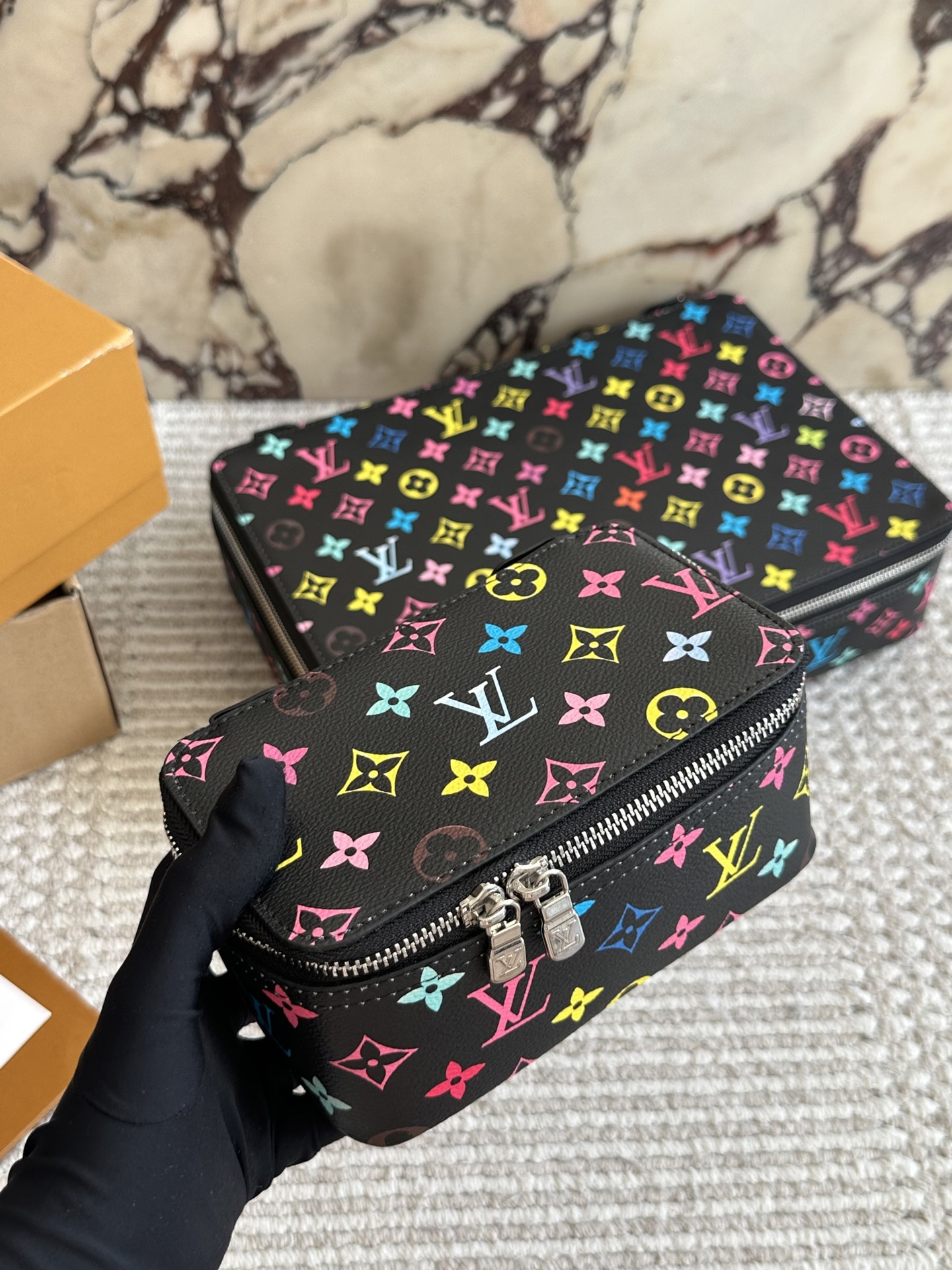 LV x TM Black Multicolore Canvas Nice Vanity Jewelry Case Travel Top Handle Bag