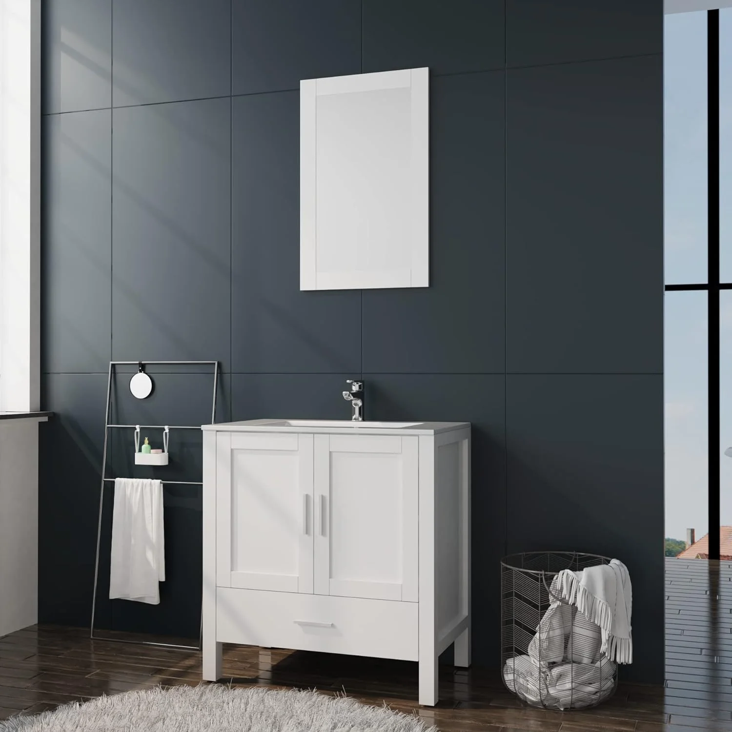 Goodyo 30" White Bathroom Vanity and Sink Combo Modern Drop in Sink Bathroom Cabinet with Mirror and Drain