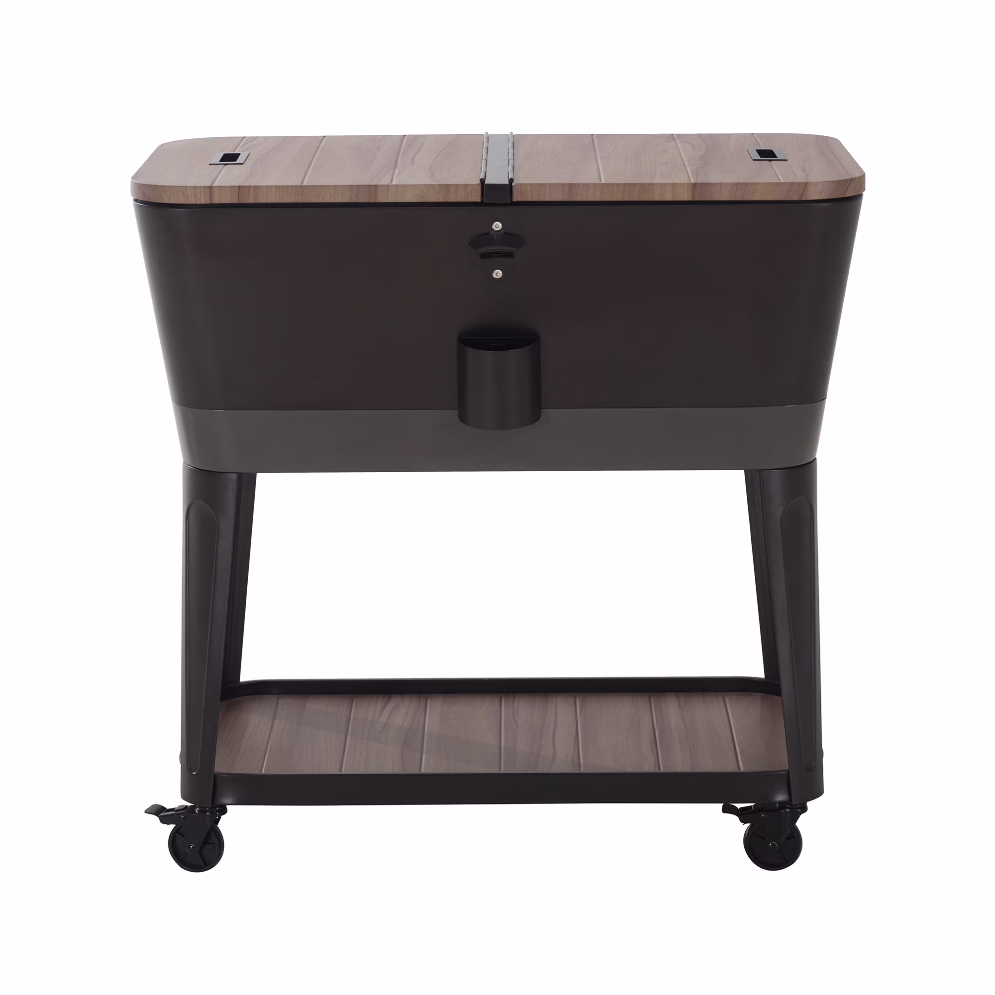 Sunjoy 80-Quart Wood Grain Finish Metal Rolling Ice Chest Cooler Cart with Storage Shelf, Steel Bottle Opener, and Lockable Wheels, Deep Silver