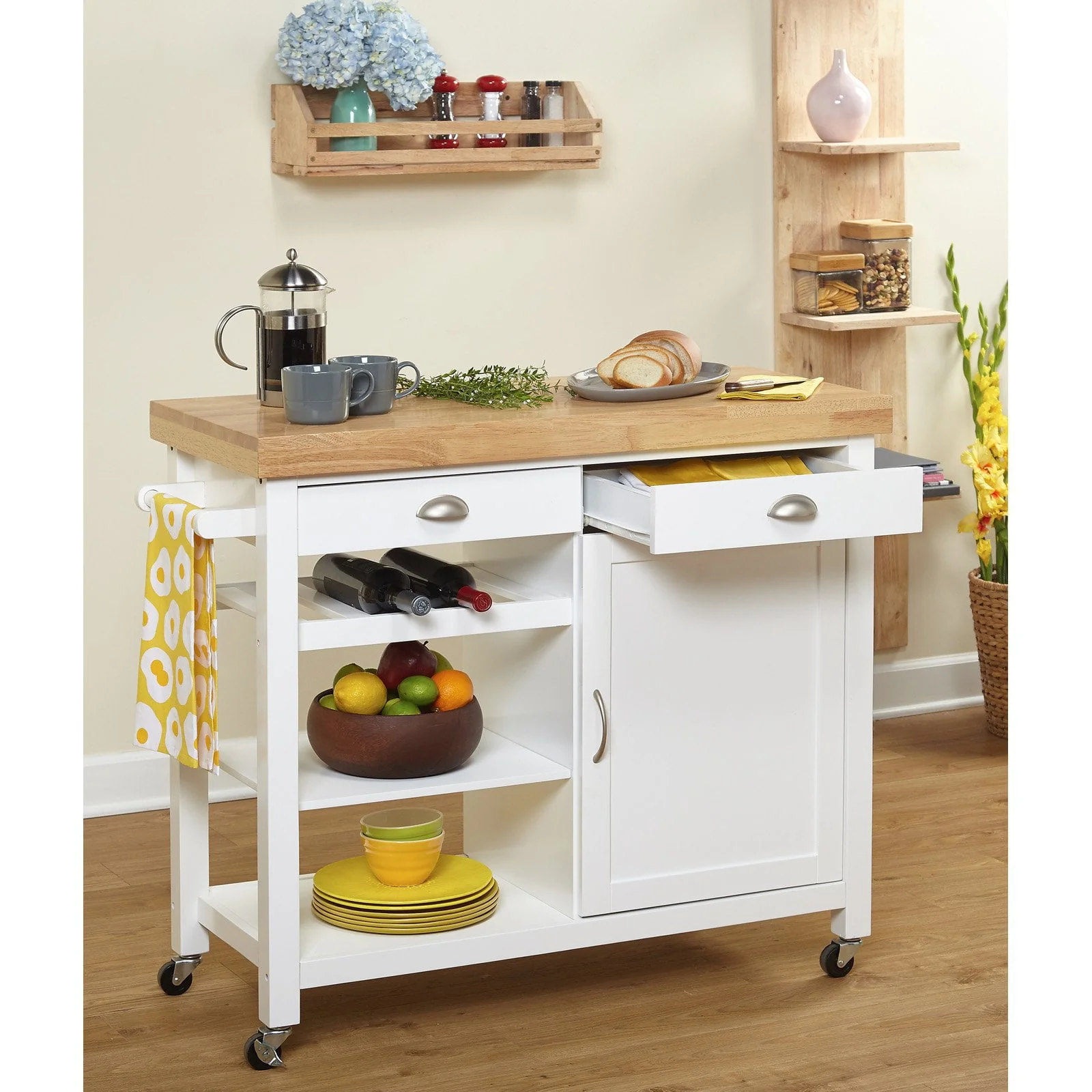 Martha Kitchen Cart, Rubber wood top, Multiple Colors