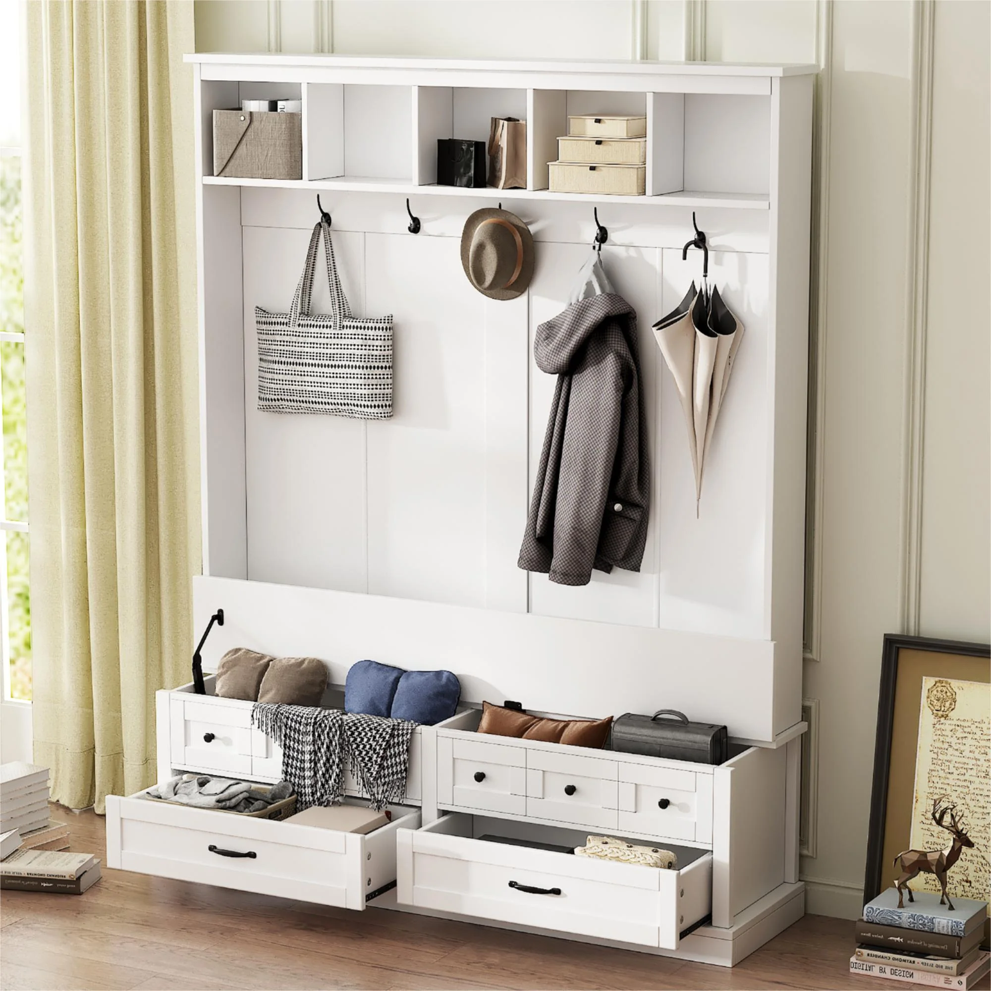 Aukfa 55"W Hall Tree with 5 Hooks,Lift Top Bench & 2 Drawers - 3-in-1 Entryway Storage for Living Room,White