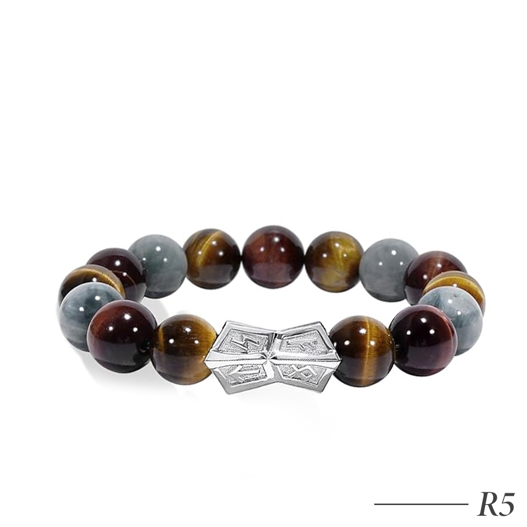 R5-Men's Natural Gemstone Beaded Bracelet with Sterling Silver Engraved Charm 12mm Stretch Bracelet