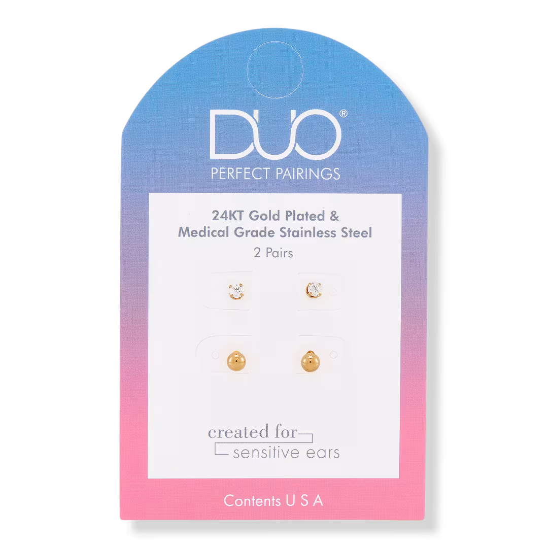 DUO Perfect Pairings  24KT Gold Plate 4MM Ball and 3MM CZ Stud Set