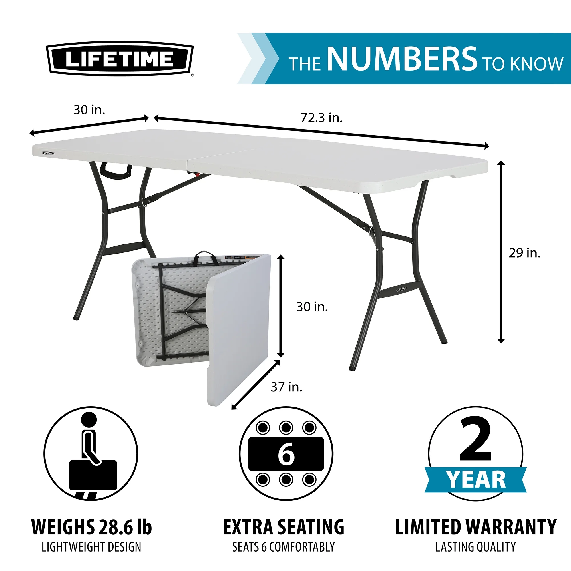 Lifetime 6' Commercial Grade High-Quality Fold-in-Half Folding Table, White (25011)