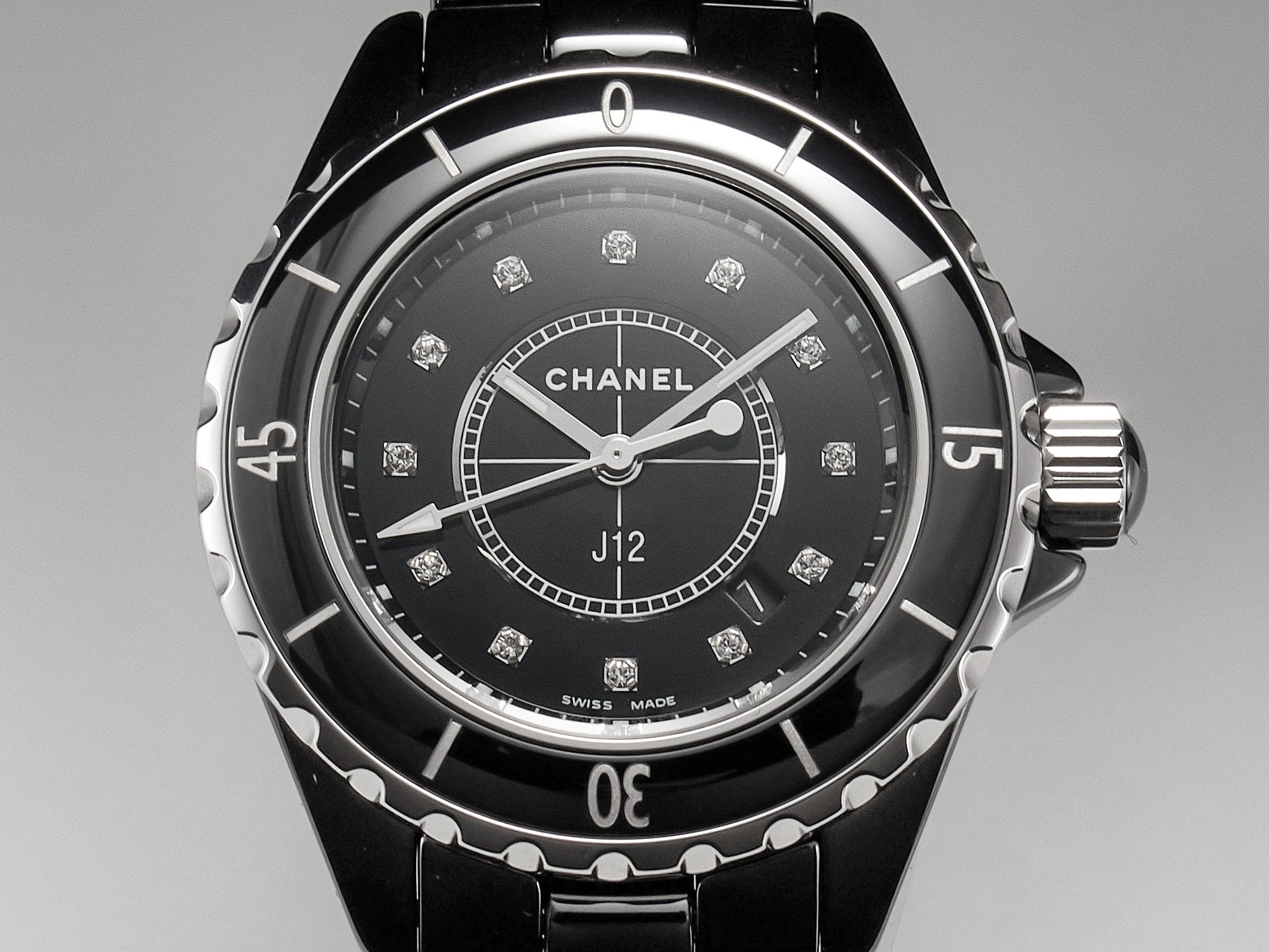 Chanel Watch J12 Date Quartz Black Ceramic Diamond Numerals Black Dial