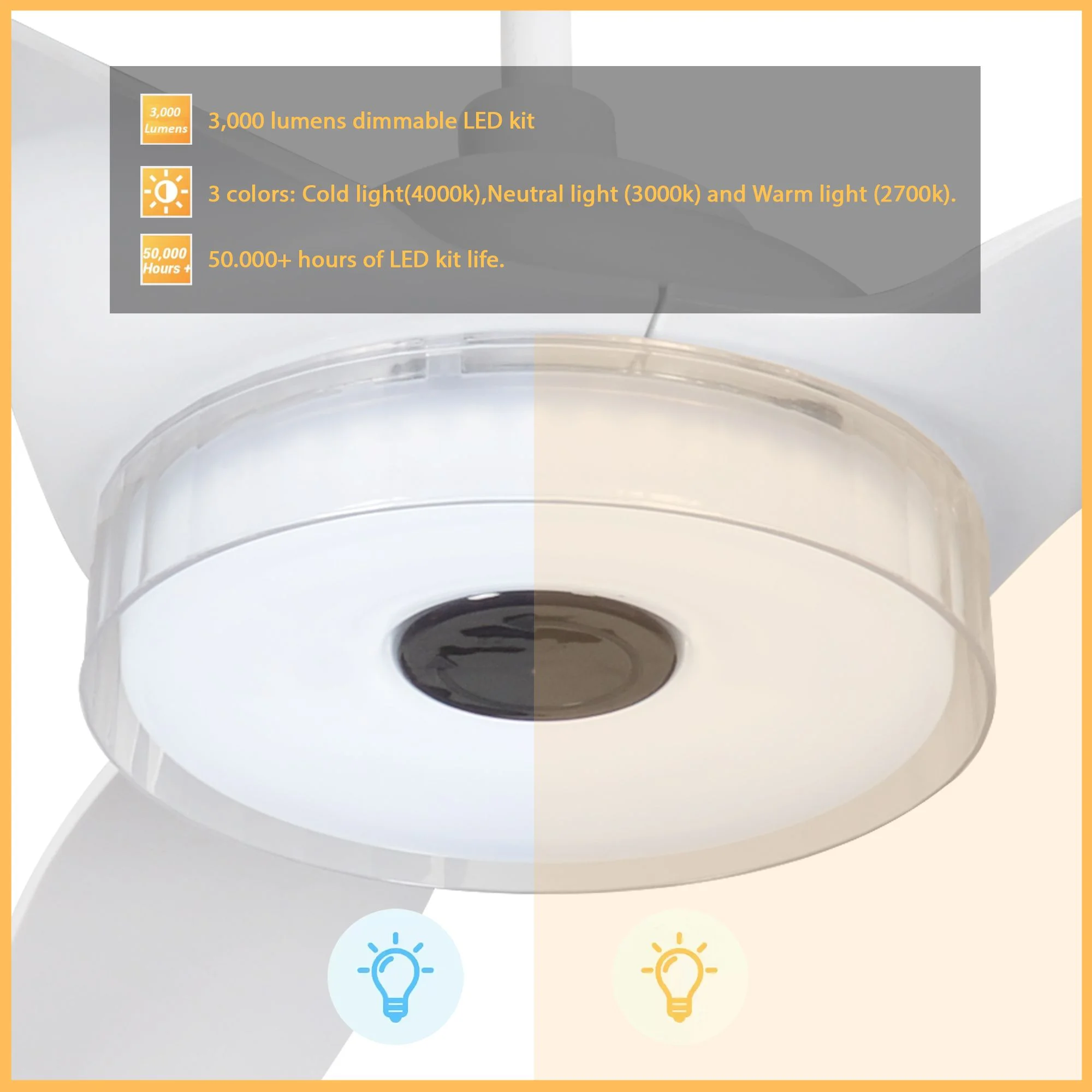 White Ceiling Fan with Remote Control & Dimmable LED Light, 52