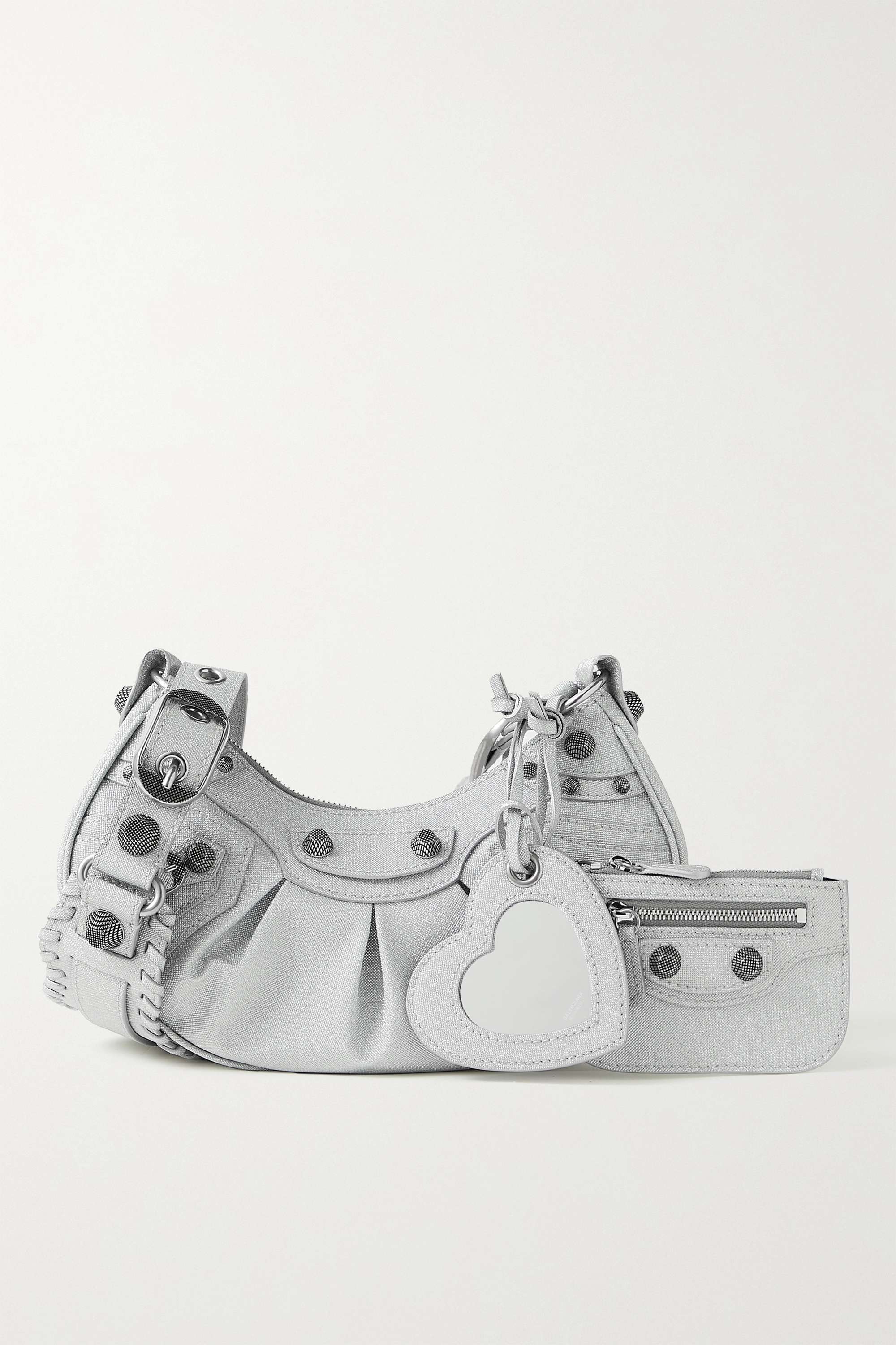 Balenciaga Le Cagole XS studded metallic canvas shoulder bag grey
