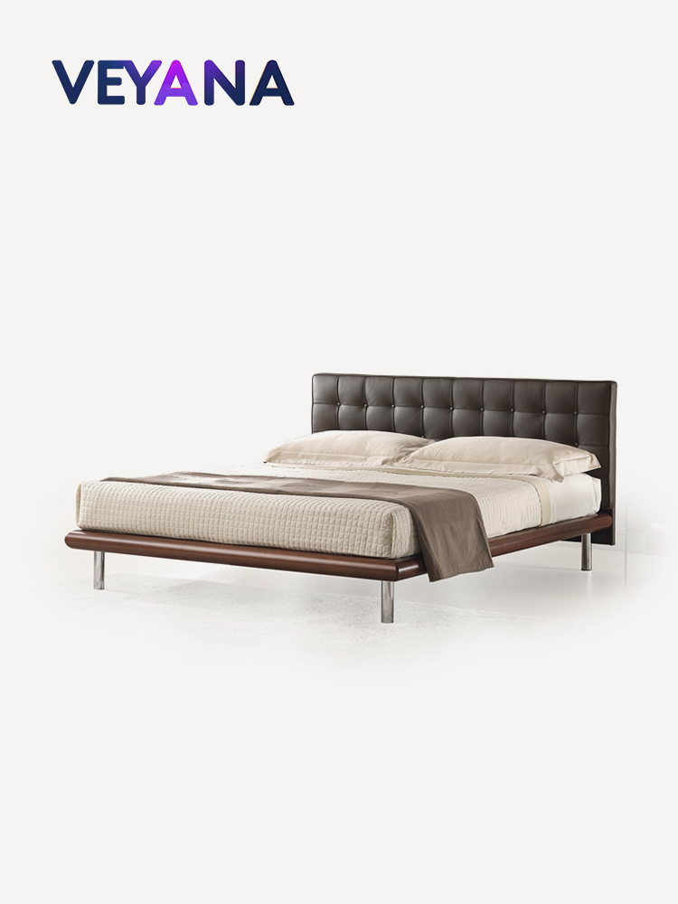 Italian minimalist true leather buckle bed, modern light luxury master bedroom, double bed, metal foot suspended bed
