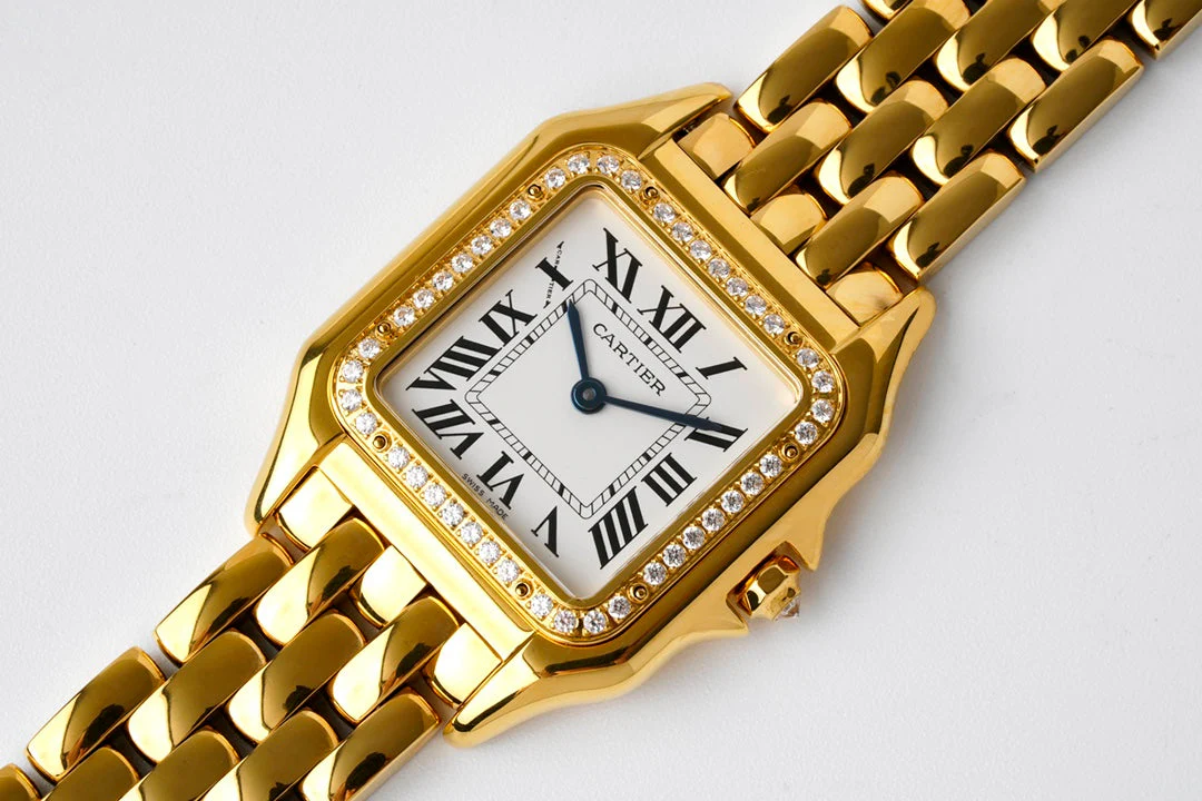 Cartier Watch PANTHERE 27MM GOLD CASE DIAMOND BEZEL WHITE DIAL
