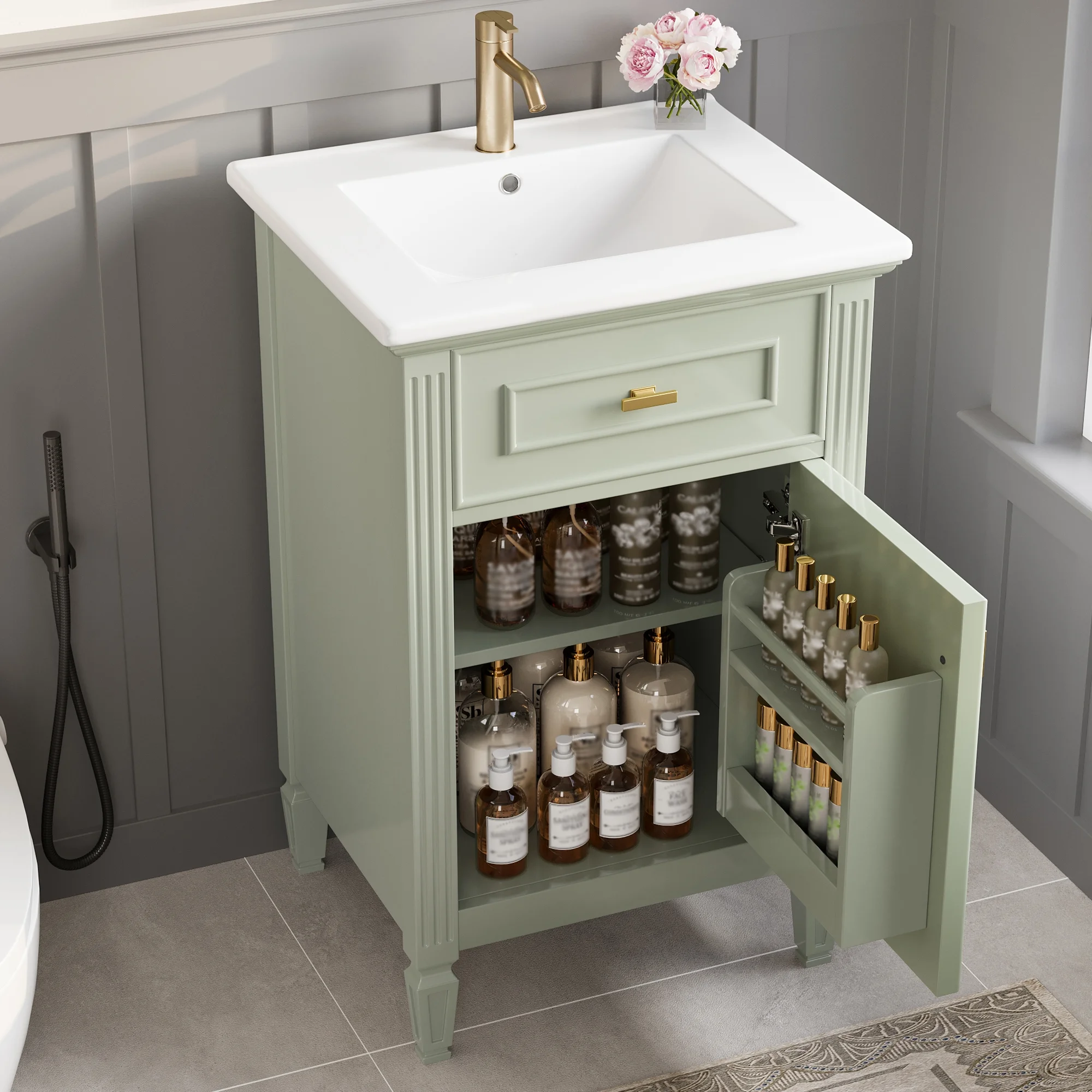 Euroco 20" Bathroom Vanity with Integrated Ceramic Sink, Soft-Close Hinges and Drawer Storage, Solid Wood Legs
