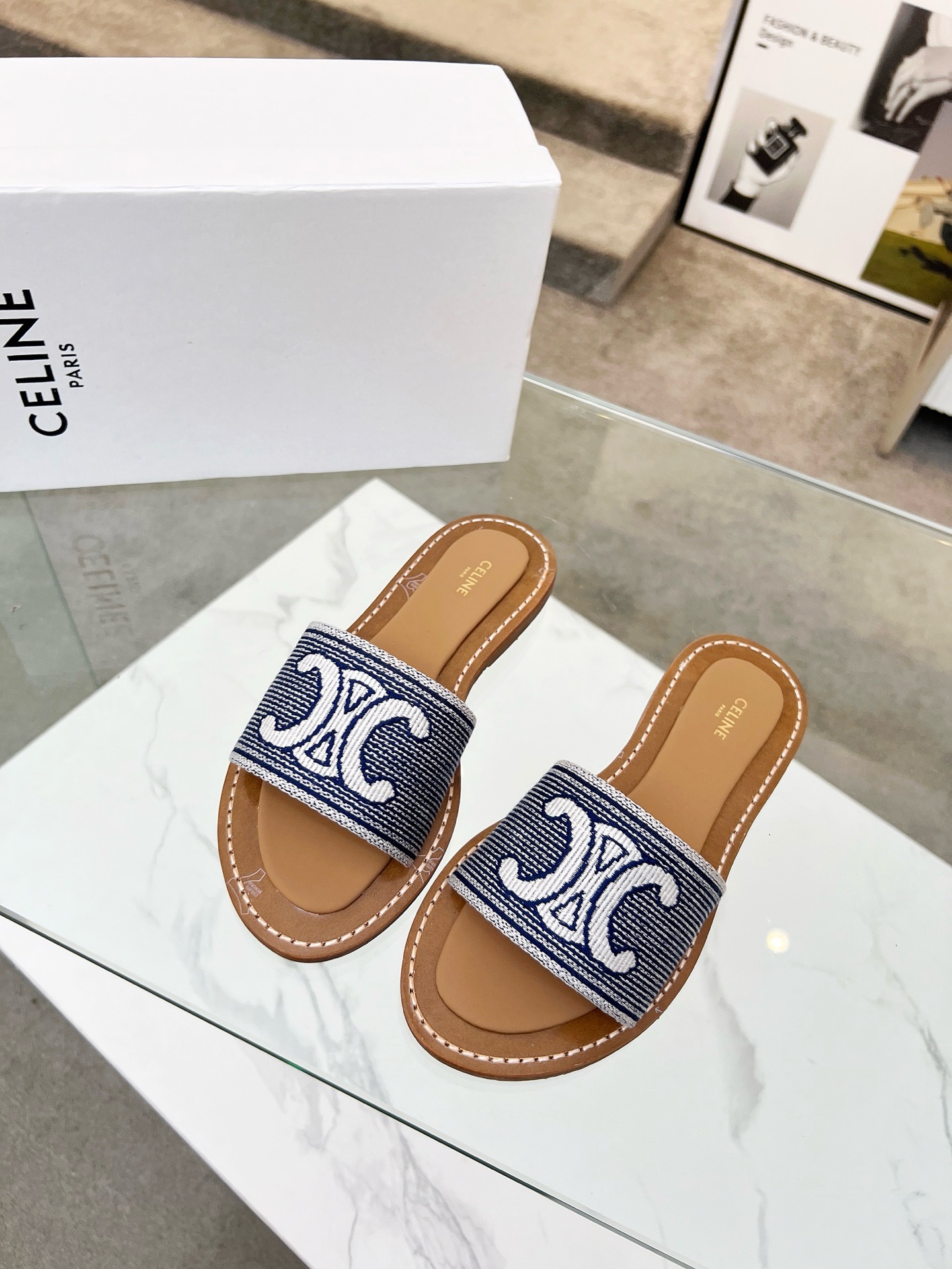 Celine Triomphe Logo Embroidered Woven Textile Flat Slides