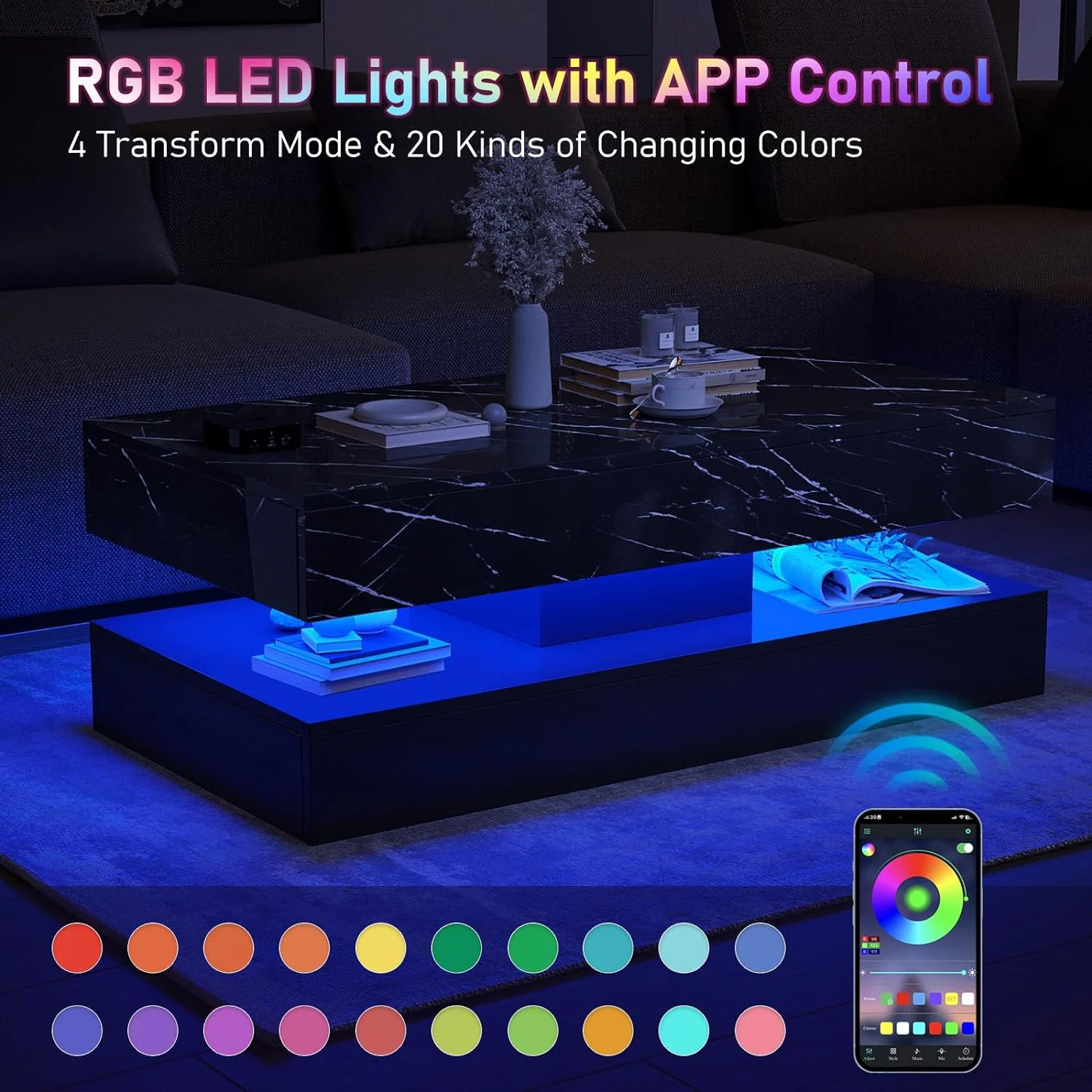 ChVans Large Black LED Coffee Table with 2 Storage Drawers, Modern High Gloss Coffee Table w/20 Colors LED Lights/APP Control, 2 Tiers Rectangle Large Living Room Furniture w/Marbling Print(47.3