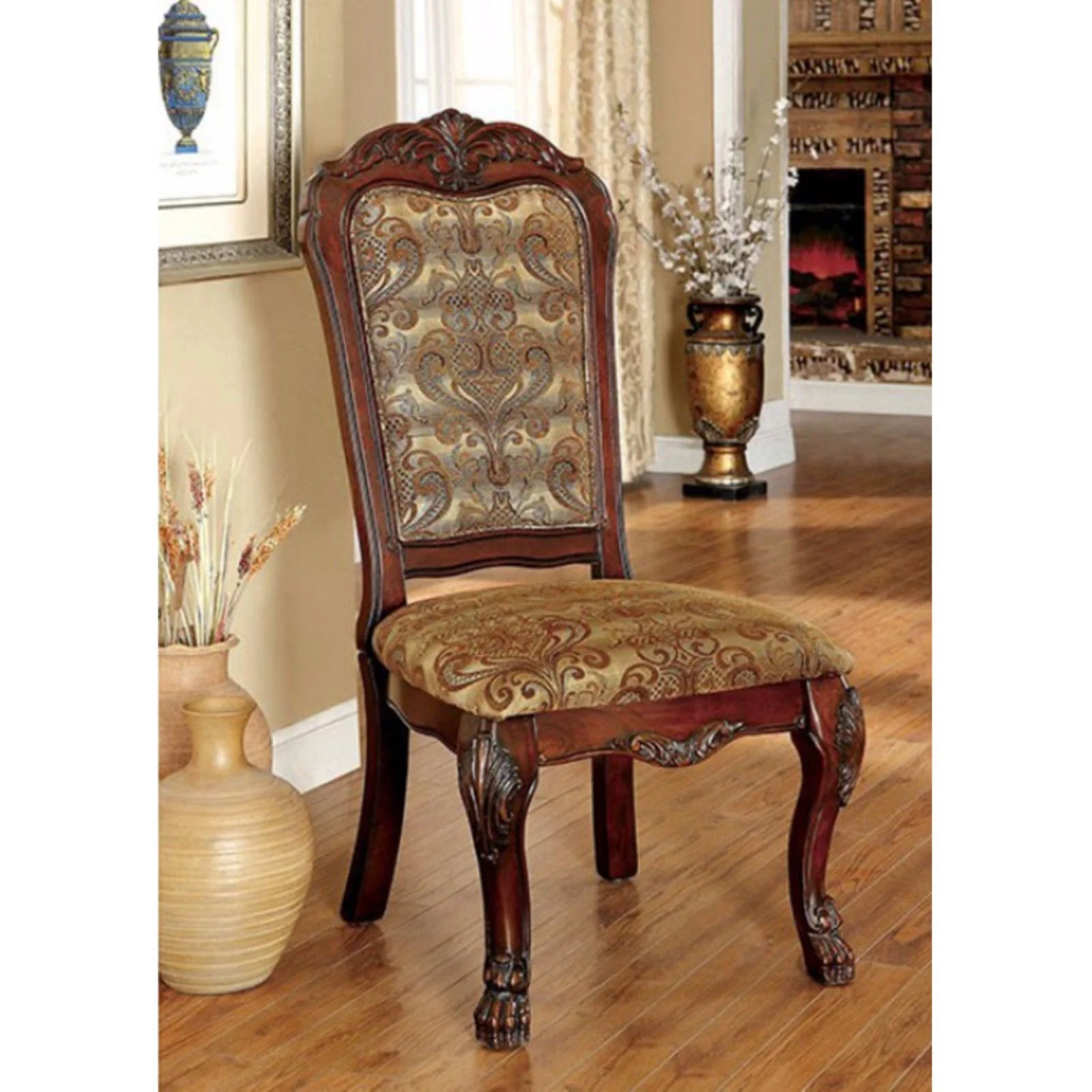 Benzara Fabric Padded Side Chairs with Wooden Claw Feet, Set of 2, Cherry Brown