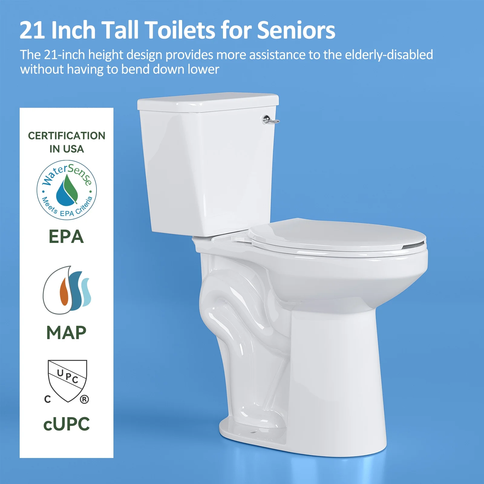 SUPERFLO Tall Toilet - 21 Inch Elongated Two Piece Extra Tall Toilets With Comfort Chair Seat, 12" Rough In & Single Flush, High Toilets For Seniors, Disabled, And Tall Individuals (1.28 GPF)