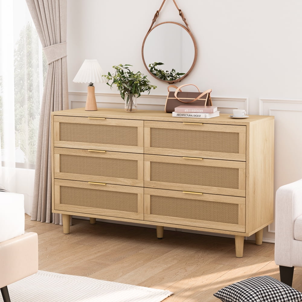 51.18"6-Drawers Rattan Storage Cabinet Rattan Drawer with White Drawer Slides,for Bedroom,Living Room,Natural