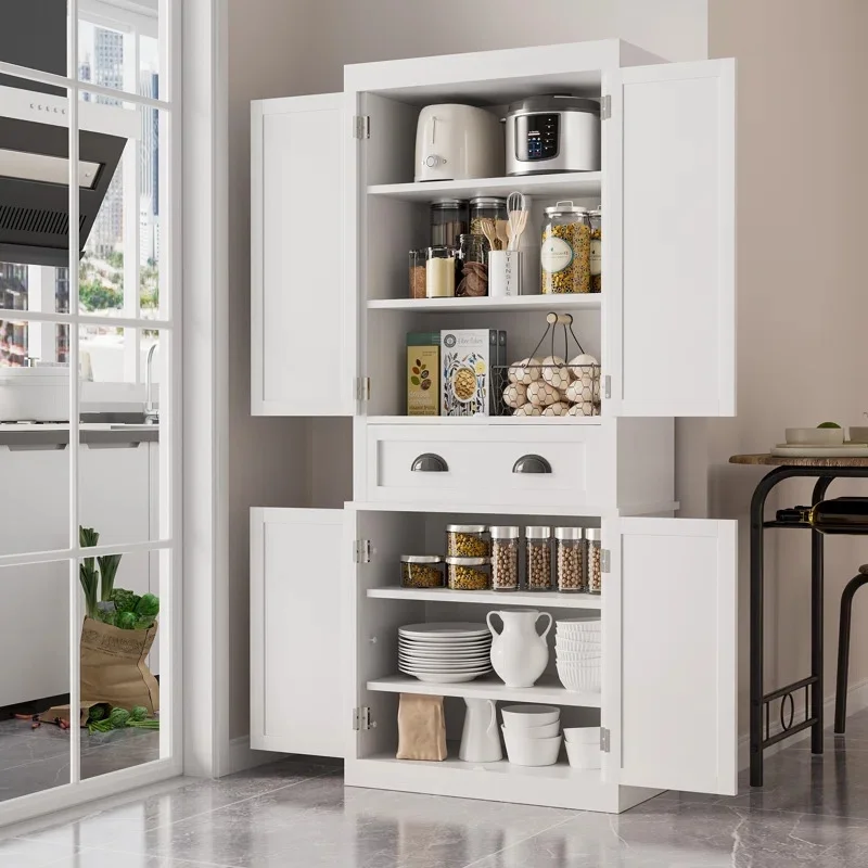 Lacoo 72'' Tall Pantry Cabinet with 4 Doors, Adjustable Shelves & Large Drawer, Storage Cabinet for Kitchen, Dinging Room, Living Room, White