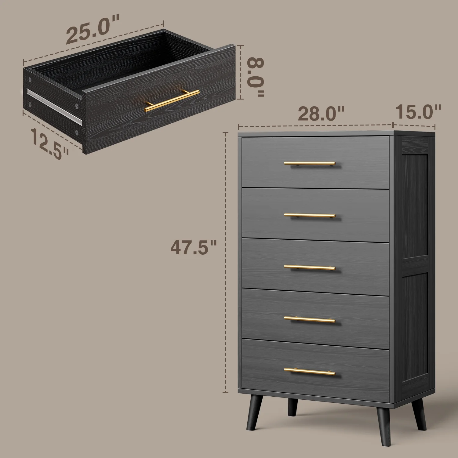 Bedroom Furniture Set - Includes Queen Bed Frame, Nightstands Set of 2, 5-Drawer Dresser & Double Wide 6-Drawer Dresser - Modern Storage Solution for Stylish Home Decor, Black