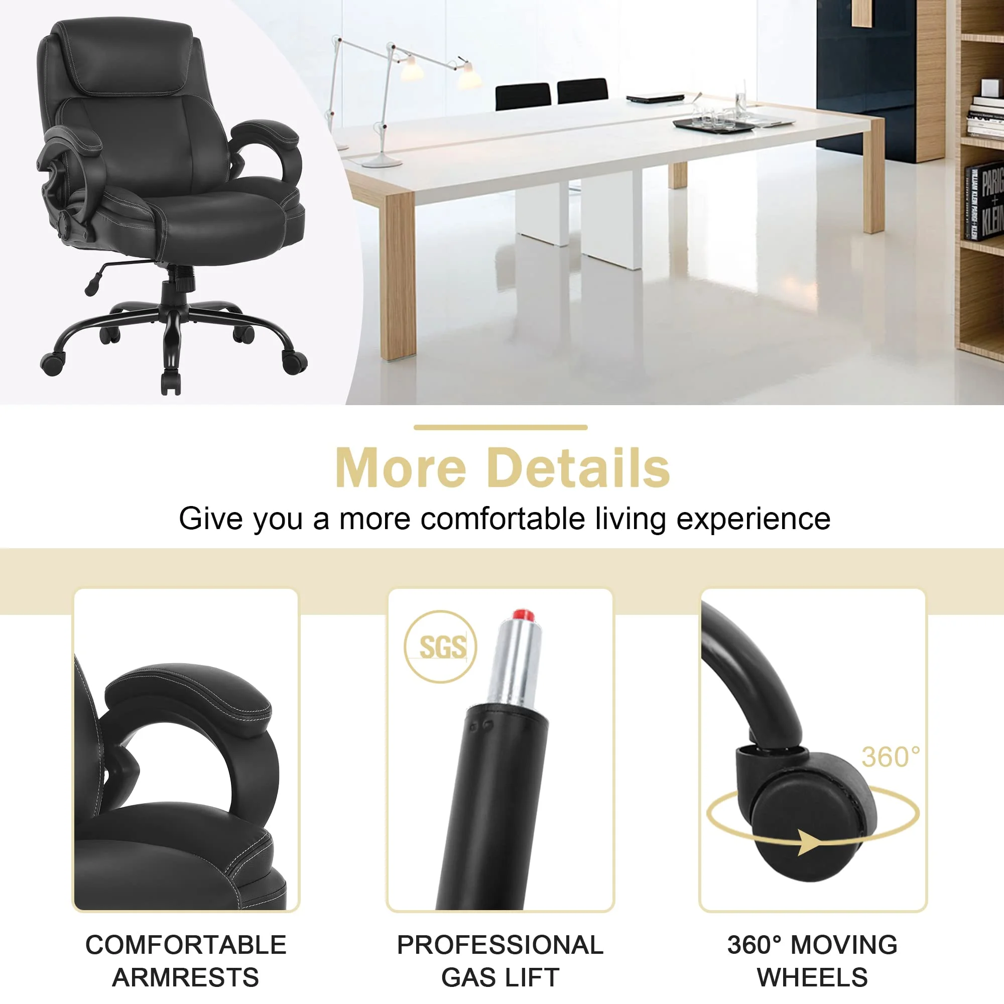 400lb Heavy Duty Office Chair, Ergonomic  43" H High-Back Executive Chair with Adjustable Lumbar Support