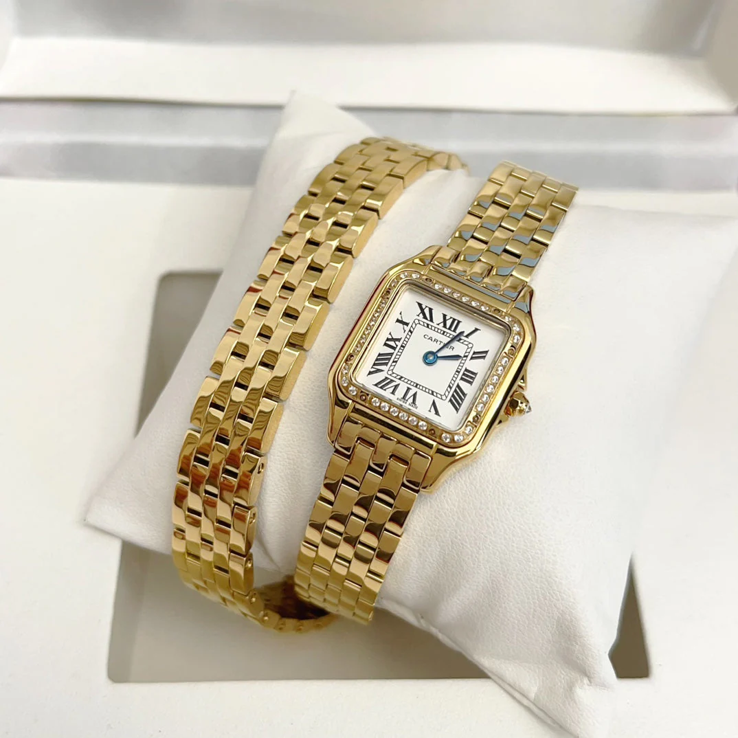 Cartier Watch Panthere 22mm Gold Diamond Bezel Double Chain 44cm
