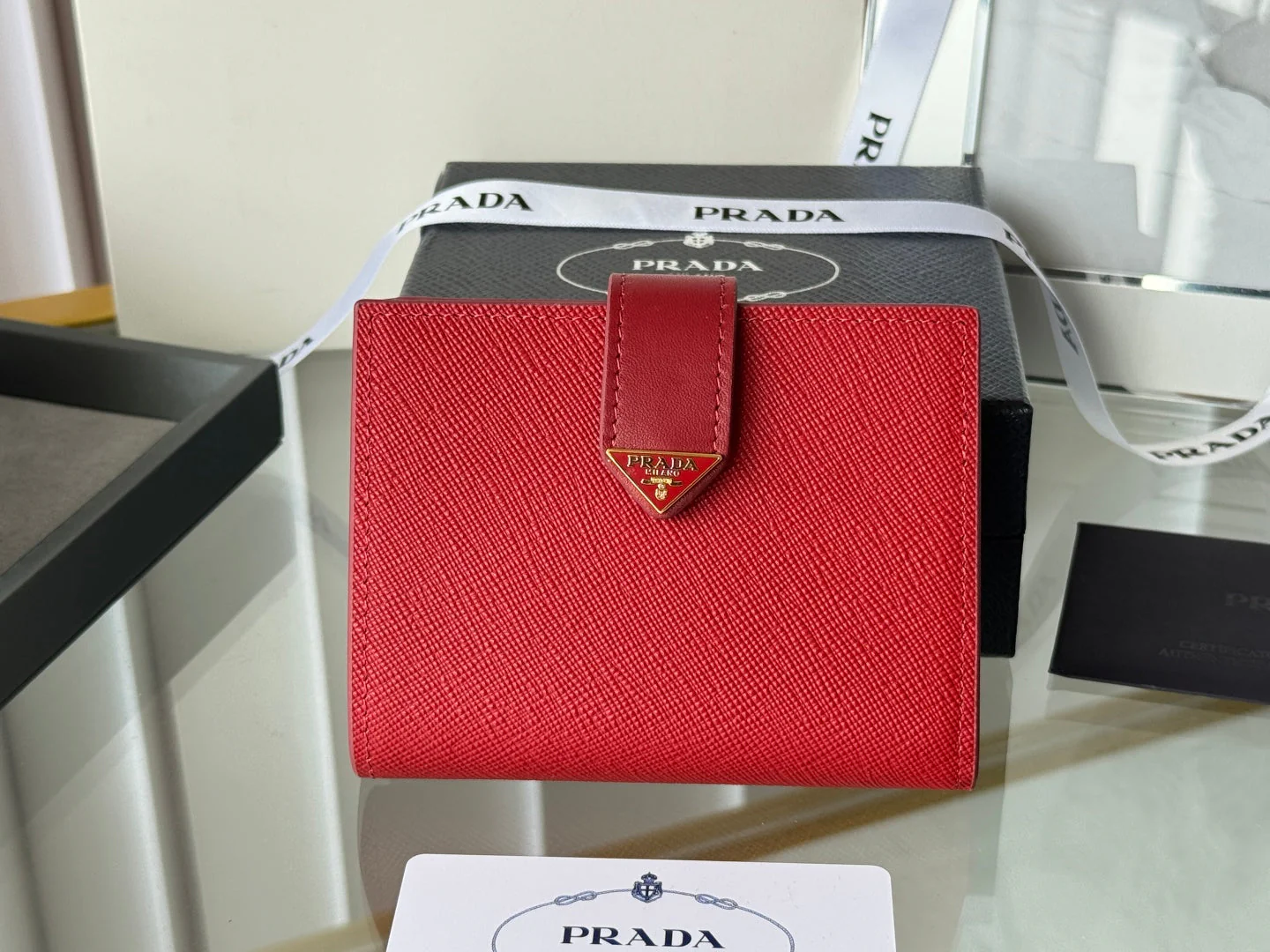 Prada 1MV204 Small Wallet Red Saffiano & Smooth Leather