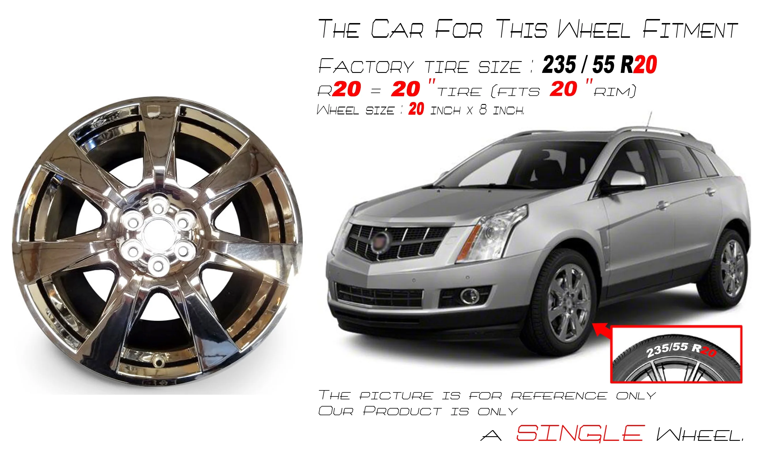 Brand New Single 20" 20x8 Alloy Wheel with Chrome Clad Cover for Cadillac SRX 2010 2011 2012 2013 OEM Design Replacement Rim 4666 04666