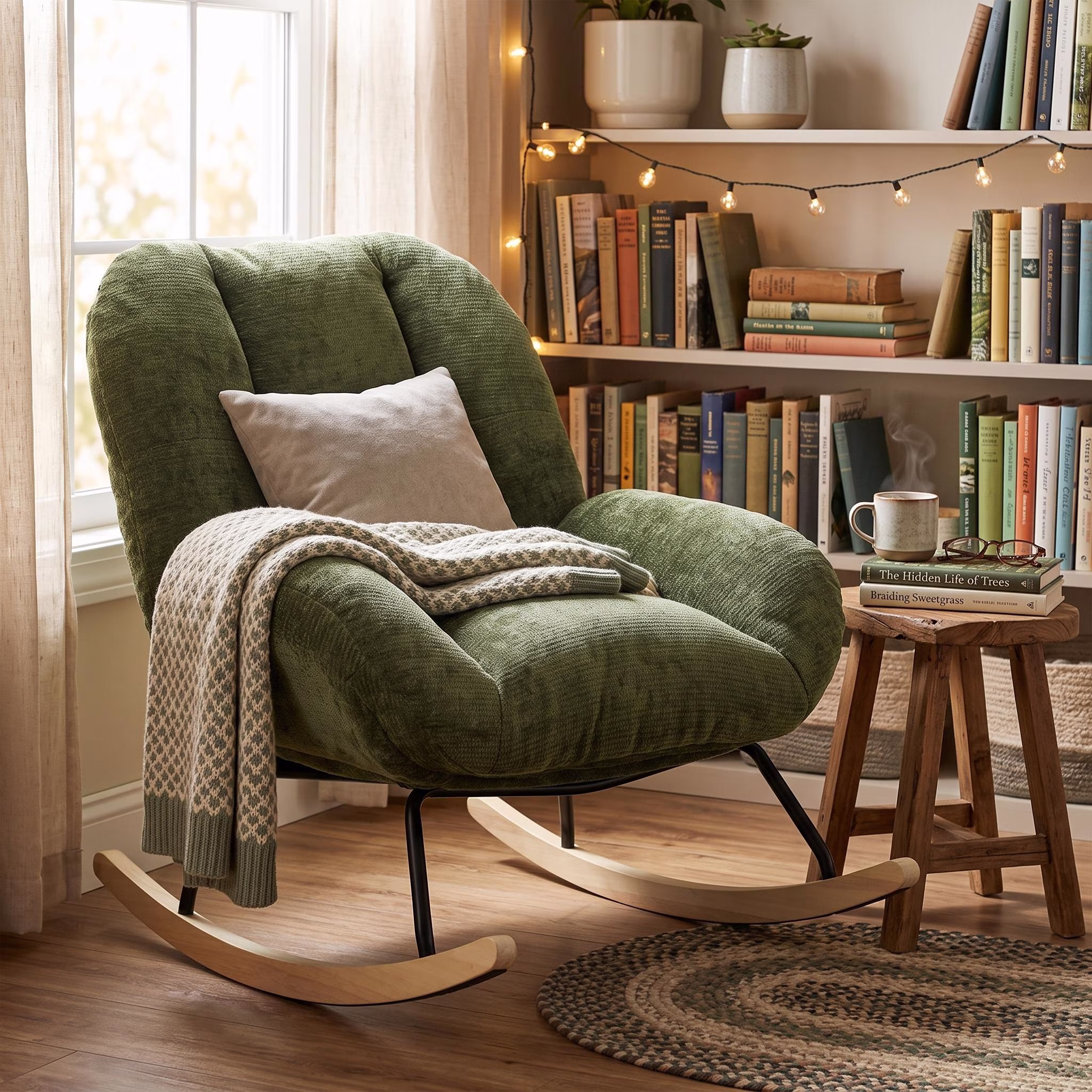 Homy Casa Corduroy Rocking Accent Chair with Solid Wood Base, Lounge Chair for Living Room, Bedroom, Reading Corner