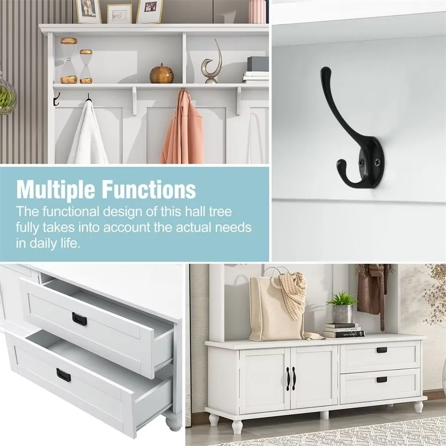 Hall Tree with Storage Cabinet and 2 Large Drawers, Entryway Bench with Widen Mudroom Bench with 5 Coat Hooks for Hallway, White