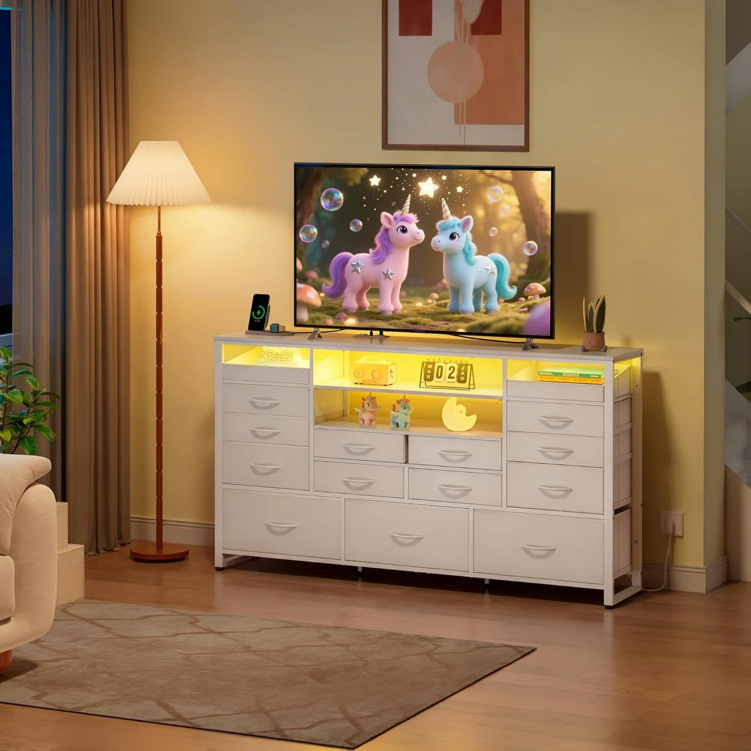 Black TV Stand for 55, 60, 65 inch TV, Entertainment Center with LED Lights & Charging Station, TV Media Console Table with 15 Fabric Drawers and Open Shelves for Living Room, Hallway, Wood Topm