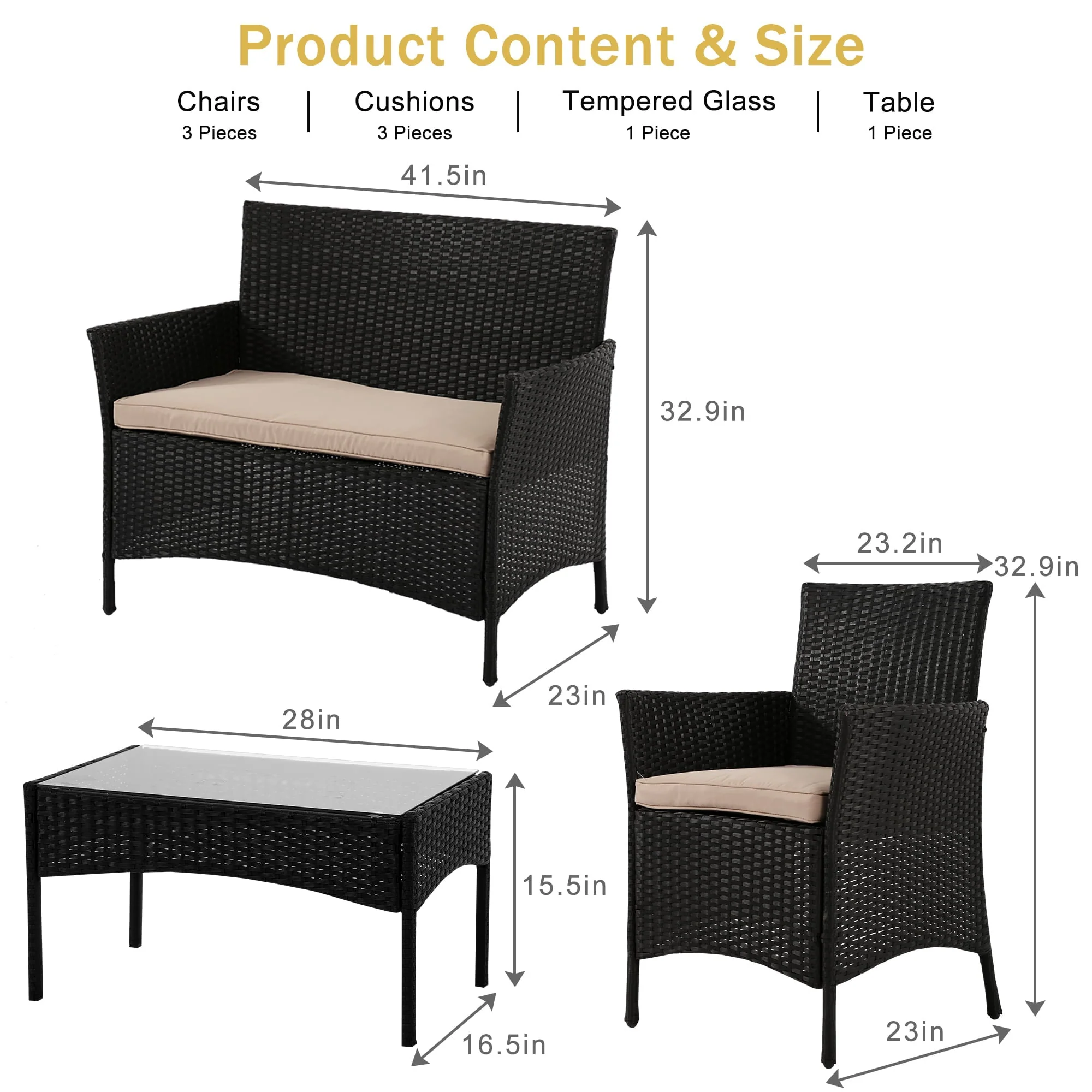 YRLLENSDAN Patio Furniture Set 4 Piece, Wicker Sofa Set Rattan Chair Outdoor Indoor Wicker Sofa with with Cushions & Coffee Table Bistro Sets for Patio Backyard Lawn Patio Chair (Black)