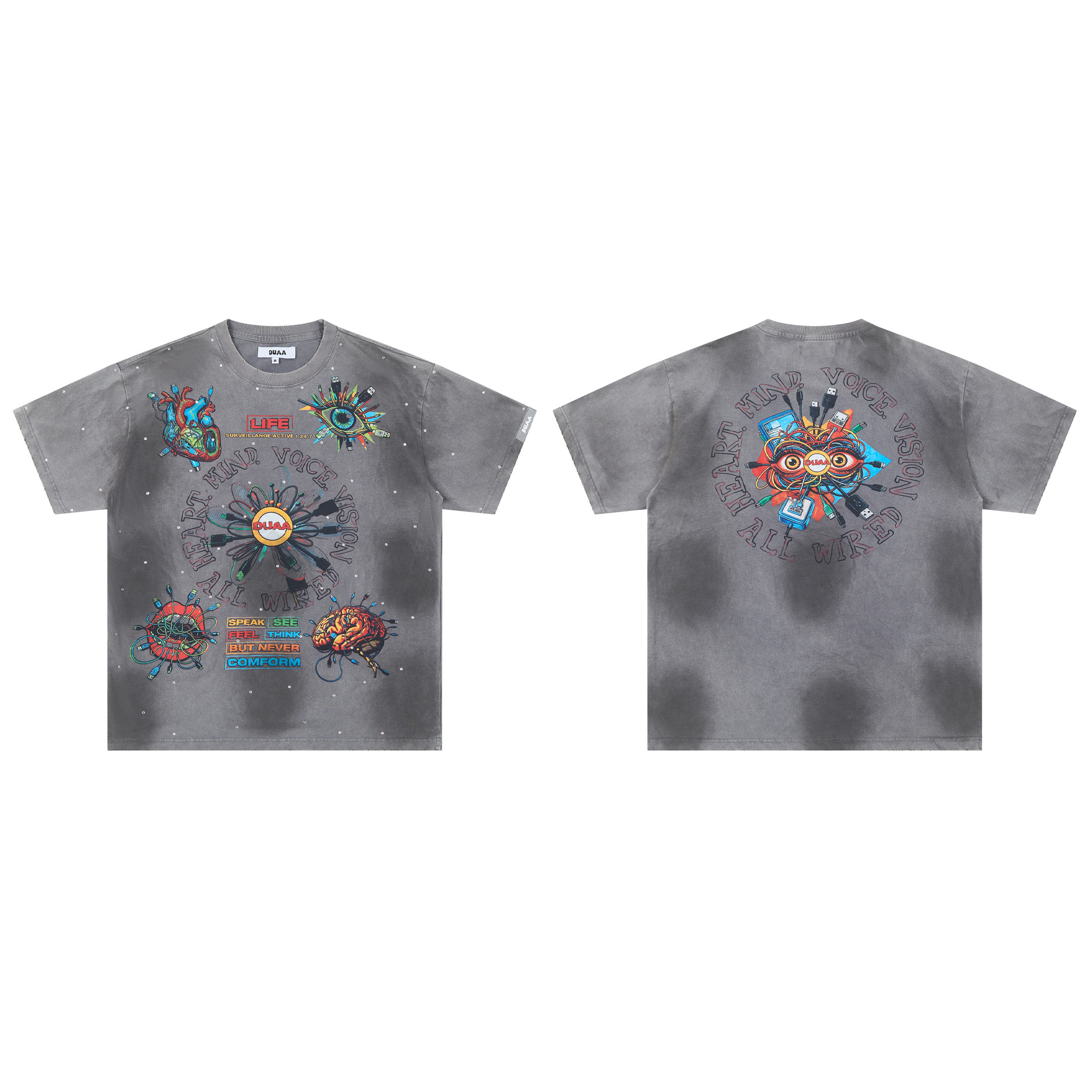 Grey washed wire graffiti style printed short-sleeved shirt