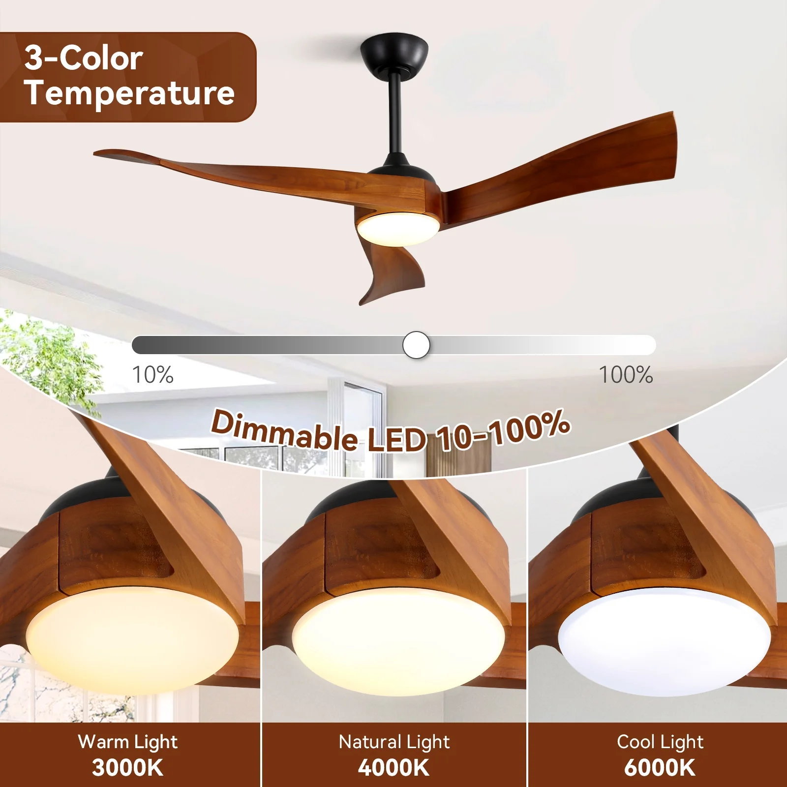 Sofucor 52 Inch Ceiling Fan with Light and Remote, Modern 3 Solid Wood Blades Ceiling Fan, 6 Speeds 5500CFM, Dimmable 3-Color LED with Memory, Timer & Quiet & Reversible DC Motor, ETL, Walnut Wood