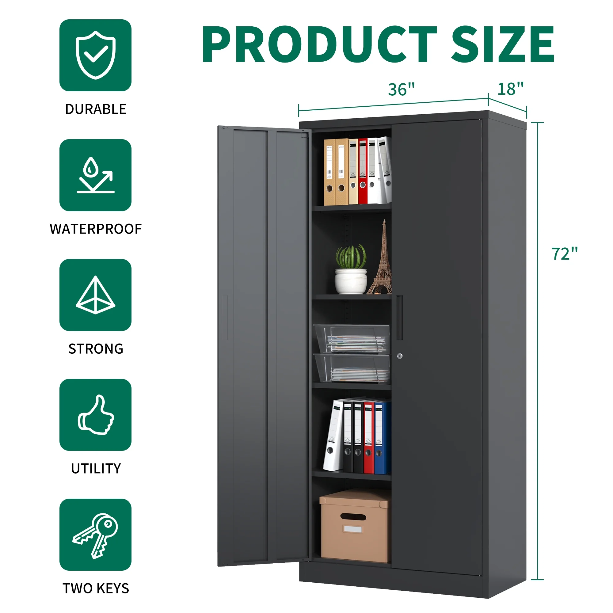 Garage Storage Cabinet with Doors and 4 Adjustable Shelves, Alvantor 72" Tall Metal Garage Cabinet , Lockable Tool Storage Cabinets for Garage, Home, Office Black