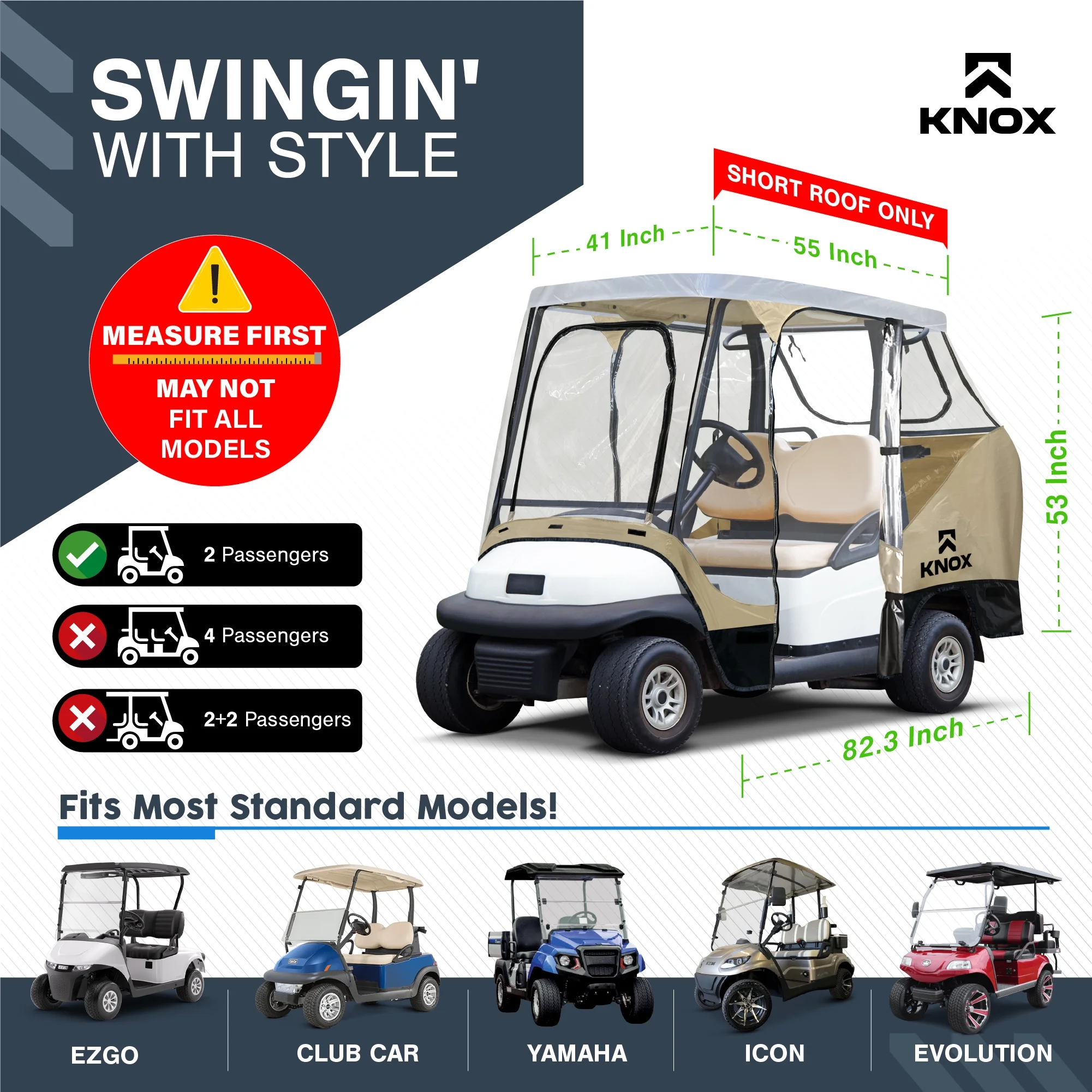 NEH 2 Person Golf Cart Enclosure 55" Short Roof, 600D Portable Transparent Driving Golf Cart Cover Storage, Golf Cart Accessories, Compatible with EZGO TXT/RXV, Yamaha, Club Car DS Precedent
