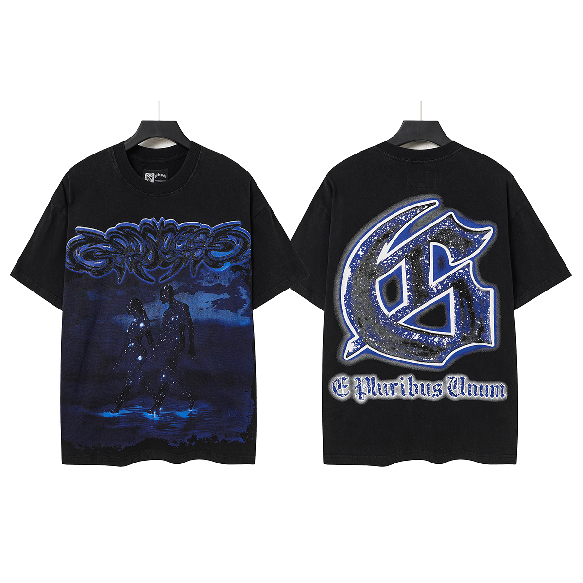 Blue and black color scheme with diamond-studded water walking print short-sleeved shirt