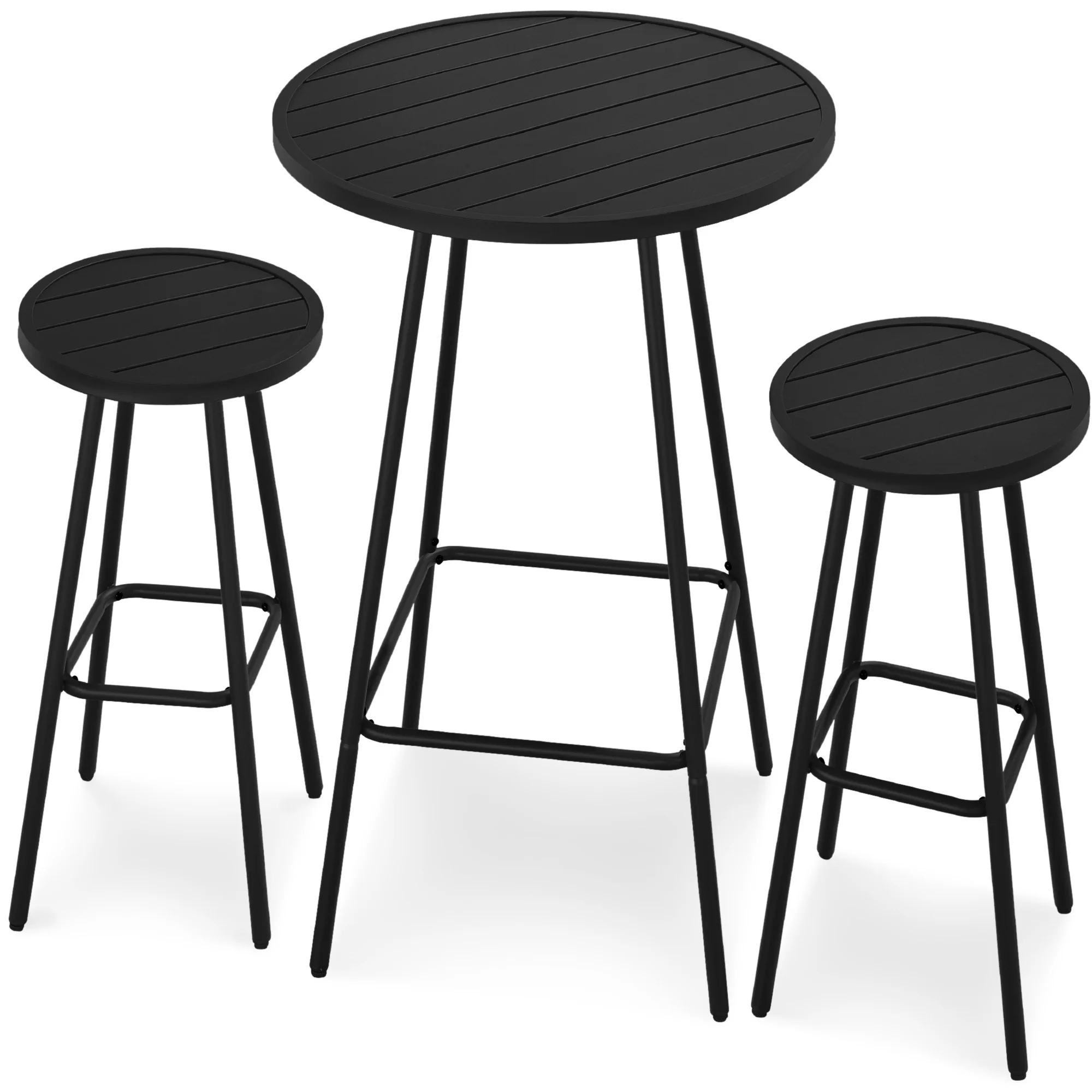 Best Choice Products 3-Piece Steel Patio Bar Height Round Bistro Set w/ Backless Stools, Slatted Design - Black
