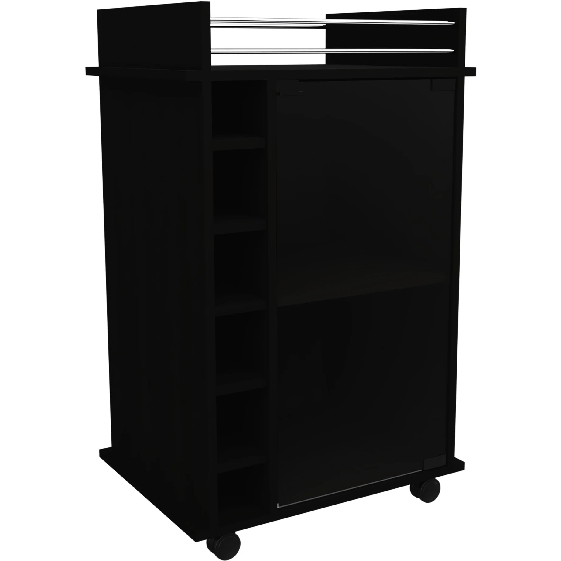 Black Bar Cart, Two Shelves & Six Wine Rack Spaces, Four Rolling With Lock And Brake - Dining Room Areas, Locking Brake, Stopping Mechanism Accessory