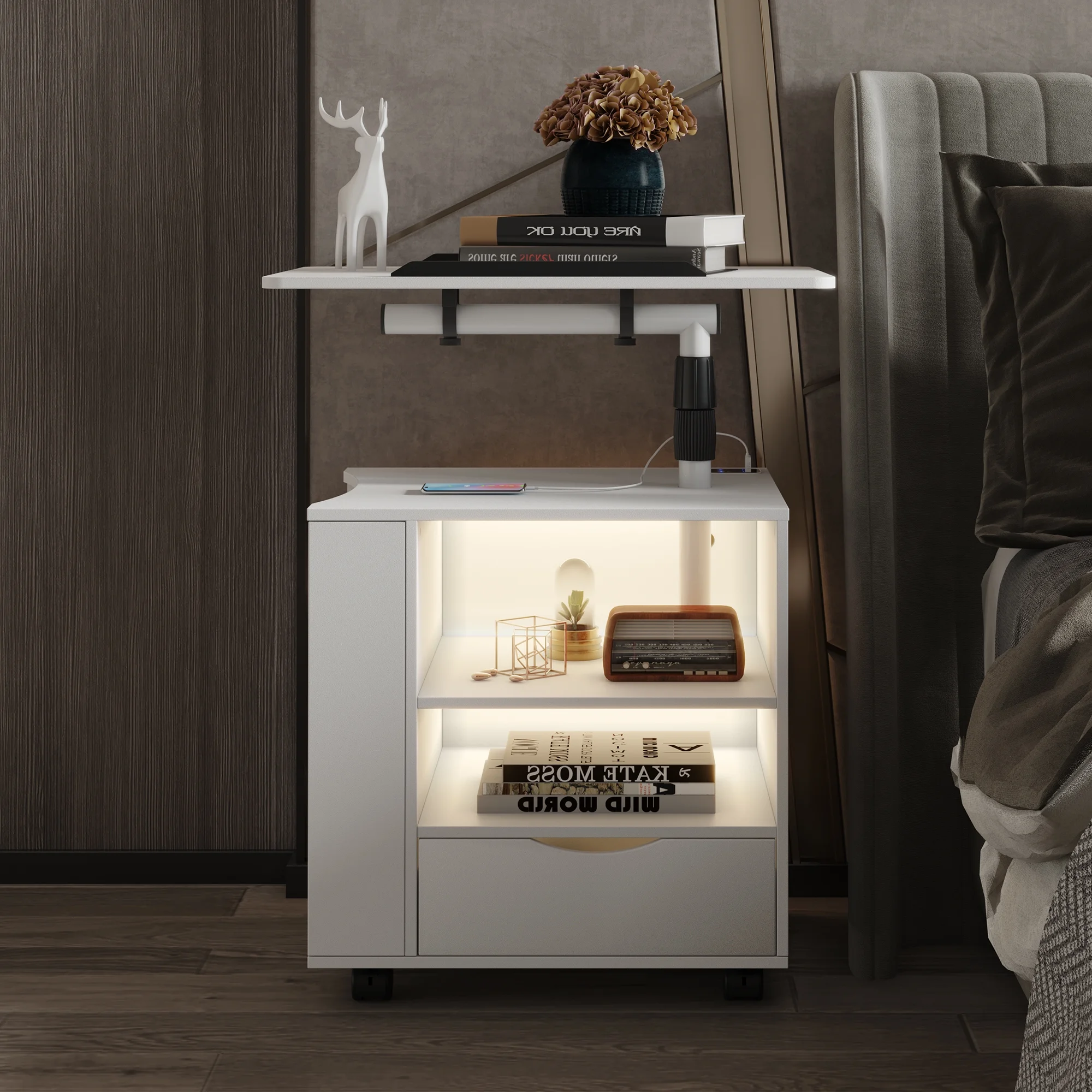 LVSOMT Nightstand with Charging Station and LED Light, Modern Bedside Table, White Night Stand with 360 Laptop Tray, End Side Table for Bedroom