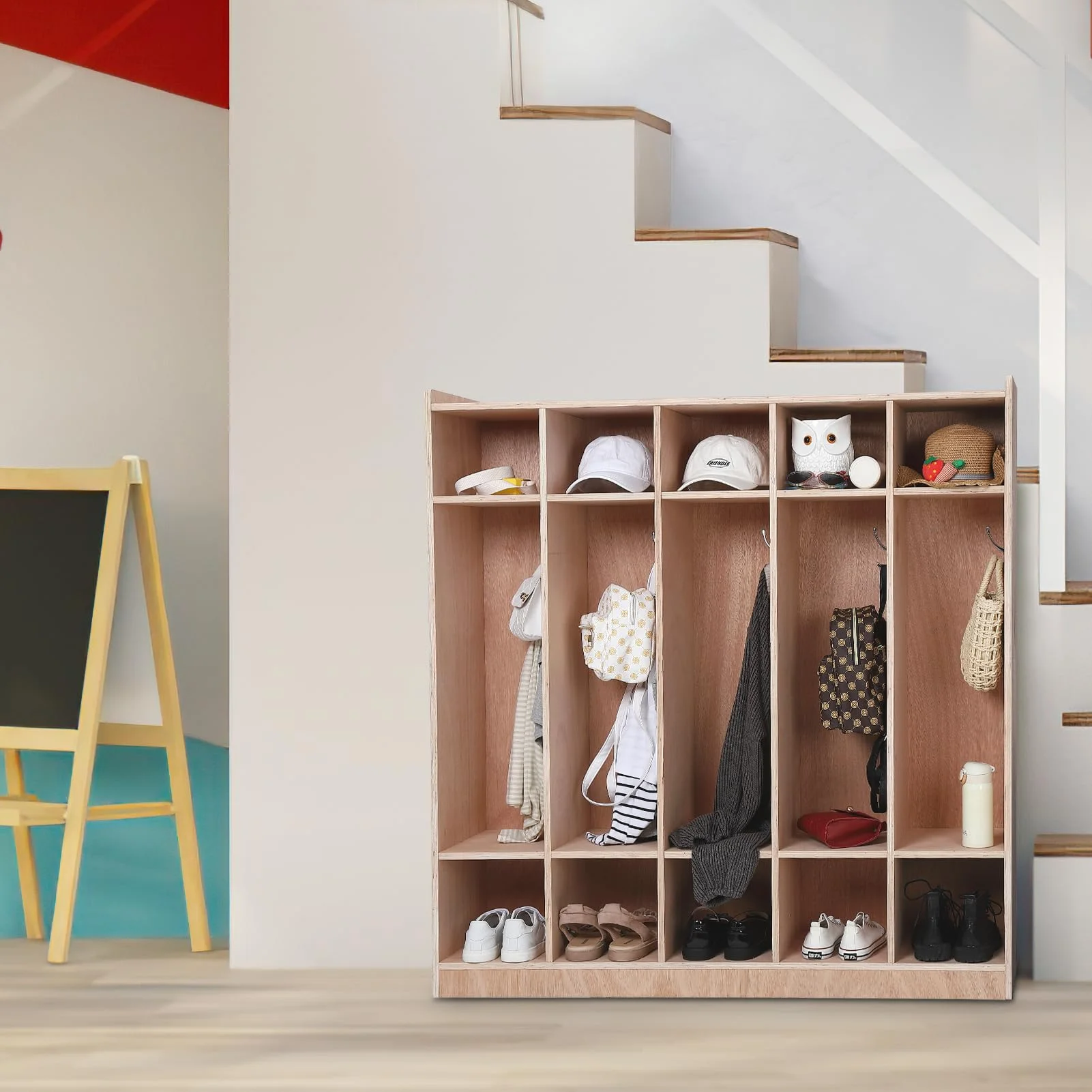 5-Section Classroom Coat Locker, 10 Cubbies for Classrooms, Daycare Cubby with 4 casters, 5 Hooks and 2 Storage Boxes, for Home, School, Kindergarten