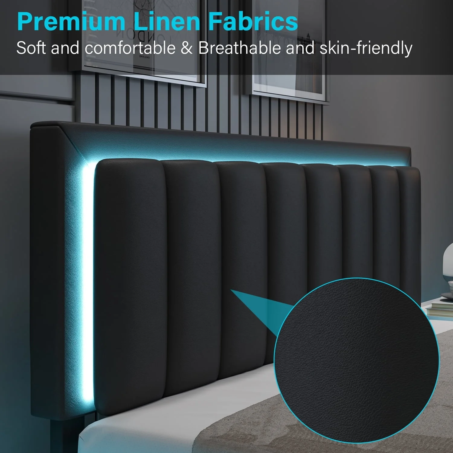 4 EVER WINNER Queen LED Bed Frame, Upholstered Bed Frame with LED Light Headboard, Black