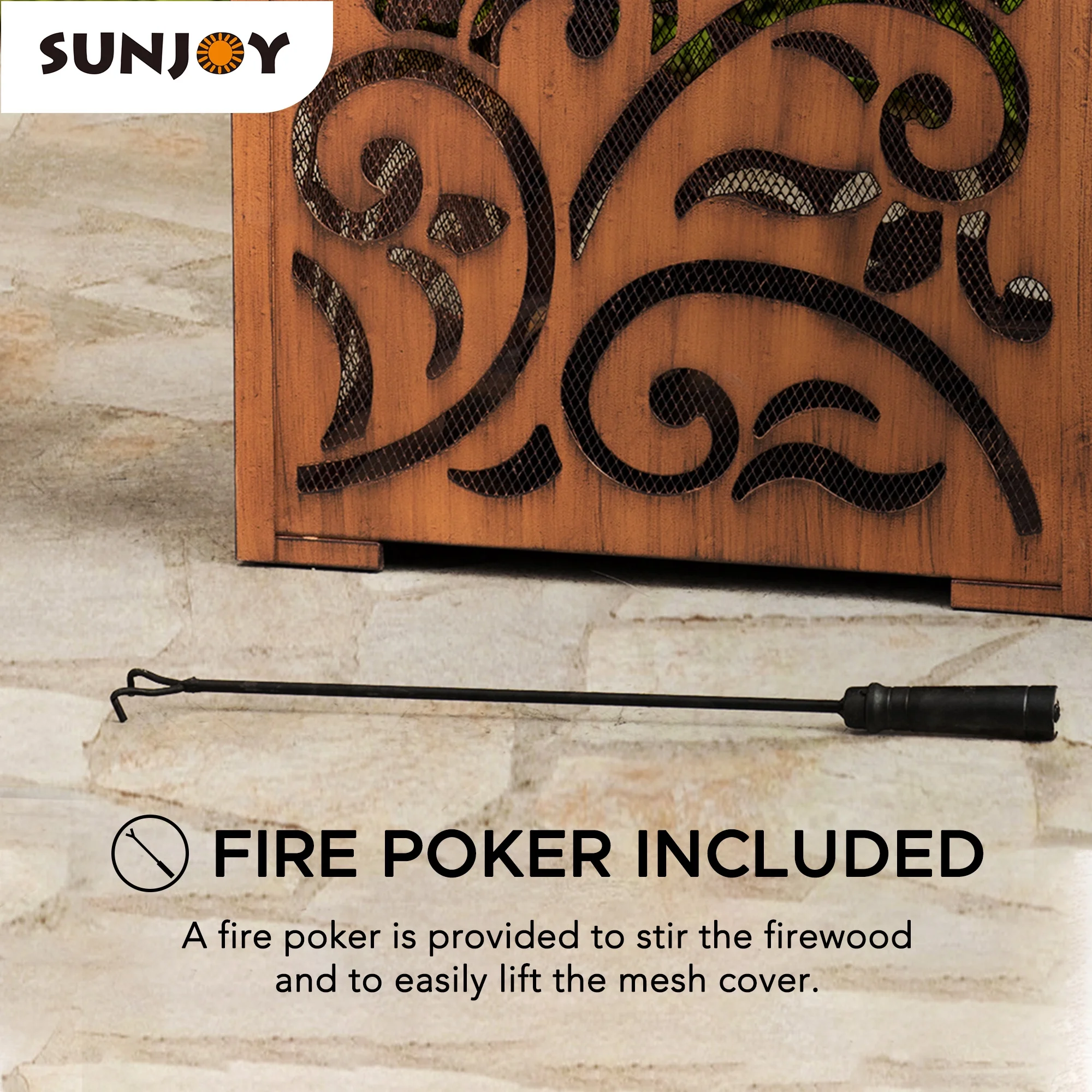 Sunjoy 26 Inch Fire Pit for Outside, Outdoor Wood Burning Firepit with Steel Mesh Spark Screen and Fire Poker, Large Bonfire for Patio and Backyard