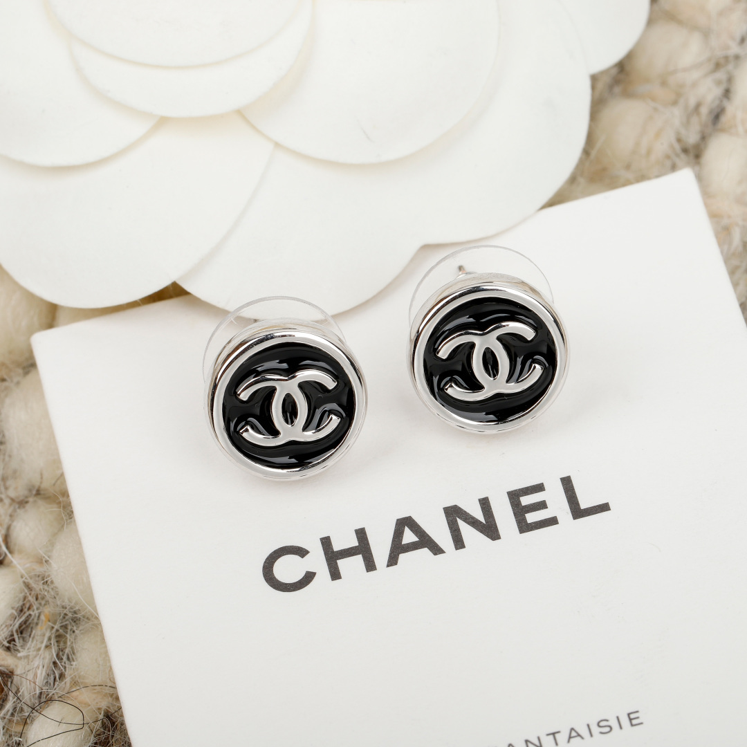 Chanel Round Enamel Stud Earrings