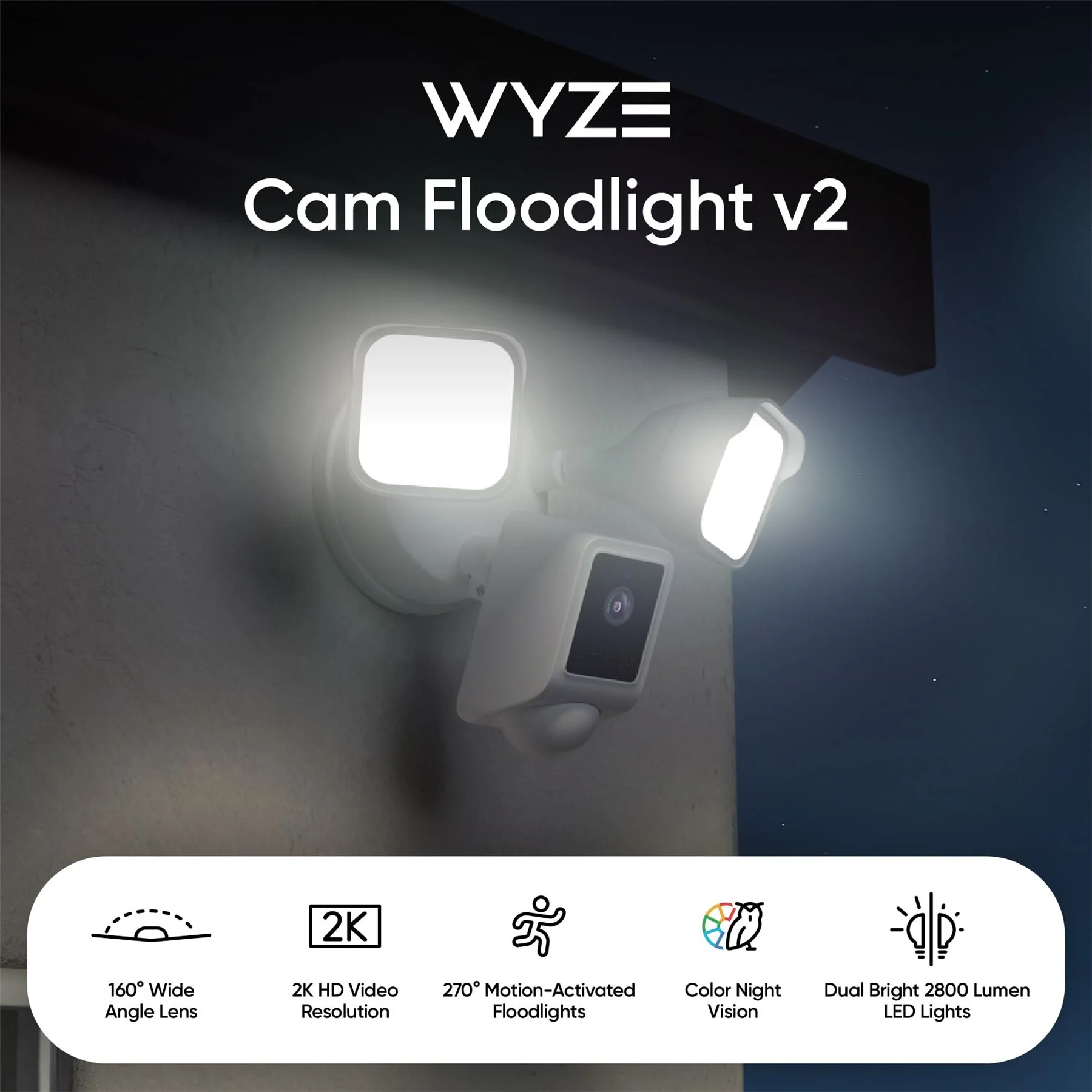 Wyze Floodlight Camera v2, 2800-Lumen LEDs, 2K HD Outdoor Security Camera, 160 Deg View, Motion Activated Light, 105db Siren, Color Night Vision, Wired
